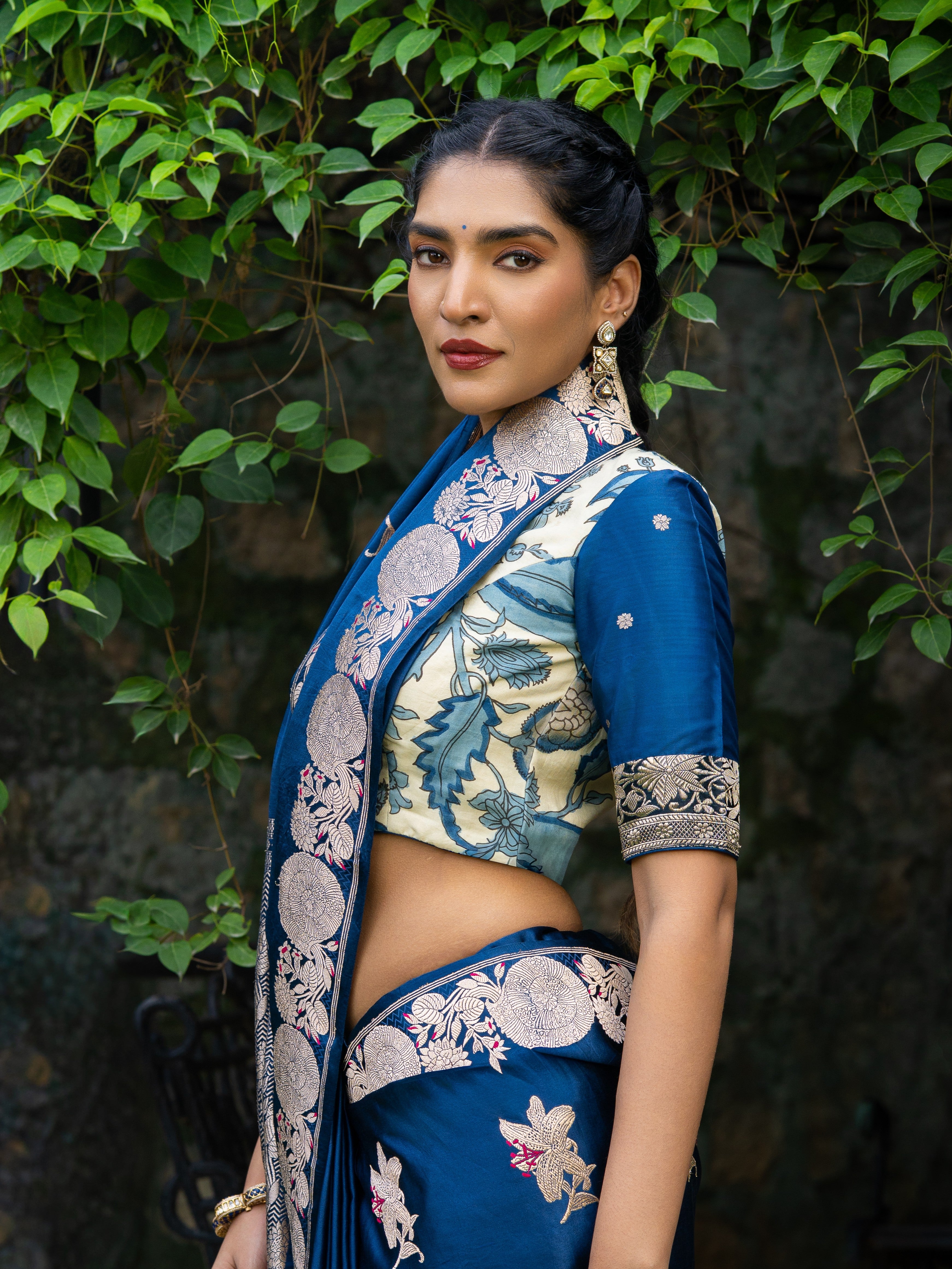 Royal Blue Banarasi Mashru Silk Saree with Floral Zari Motifs