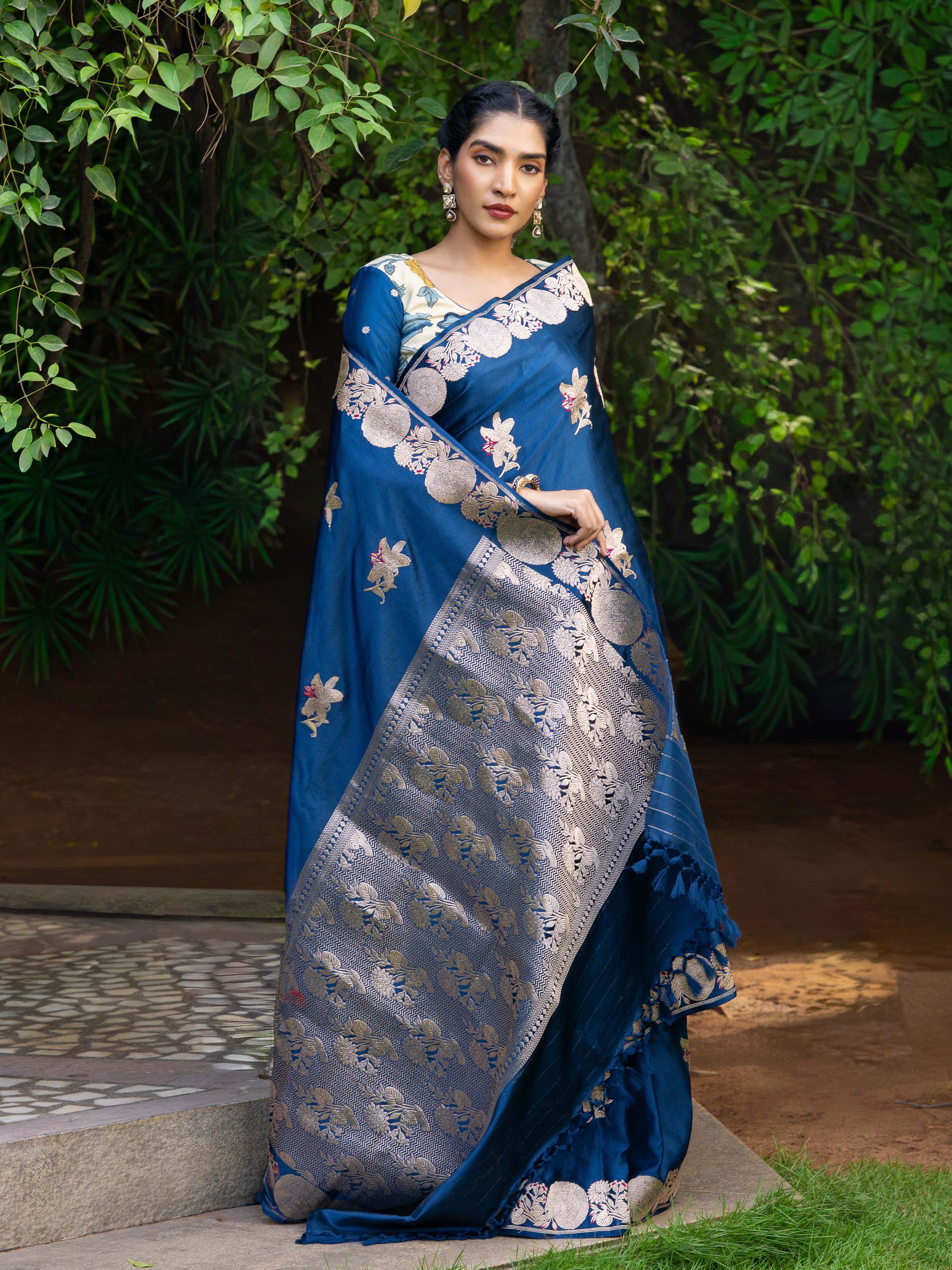 Royal Blue Banarasi Mashru Silk Saree with Floral Zari Motifs