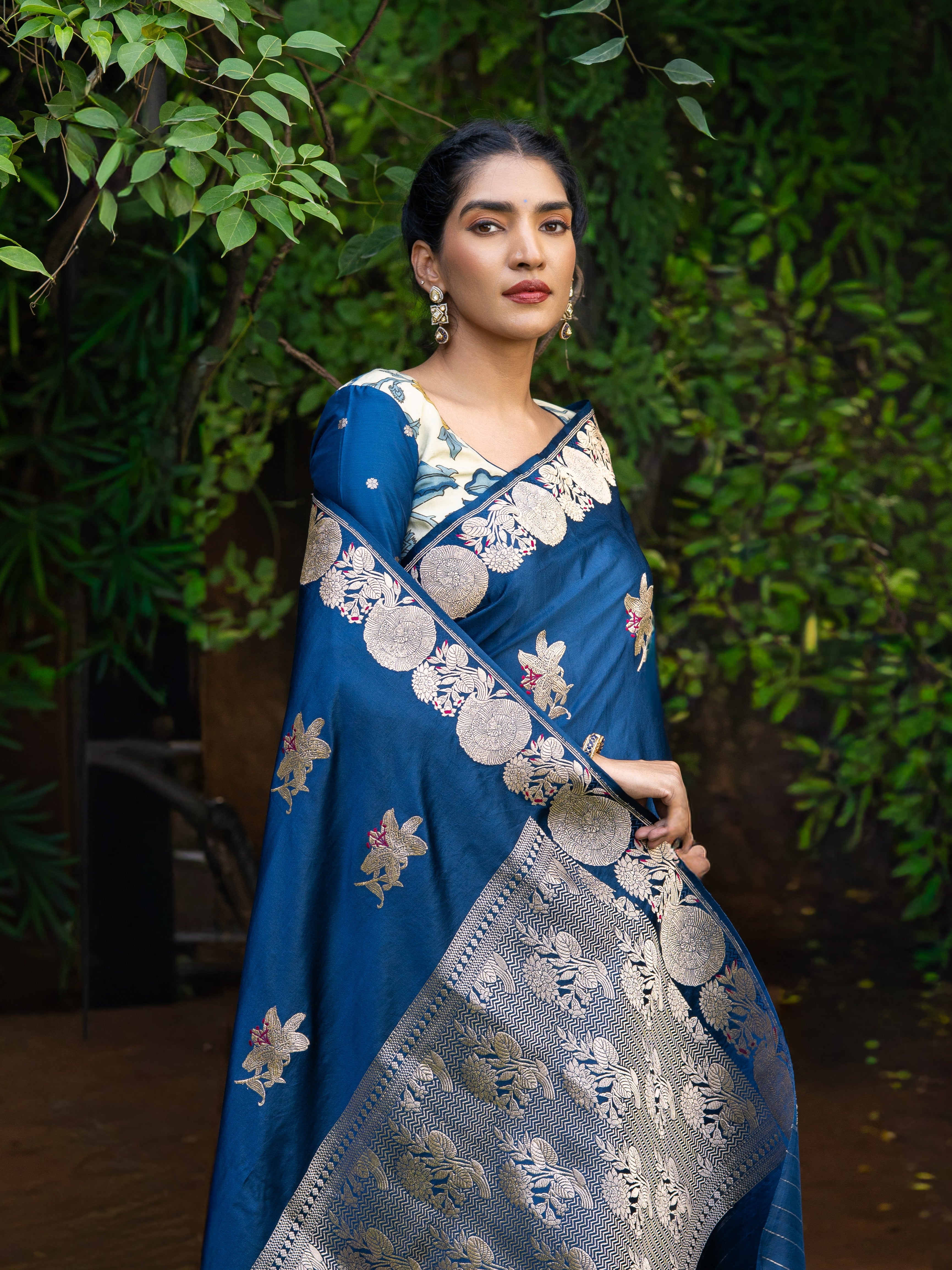 Royal Blue Banarasi Mashru Silk Saree with Floral Zari Motifs