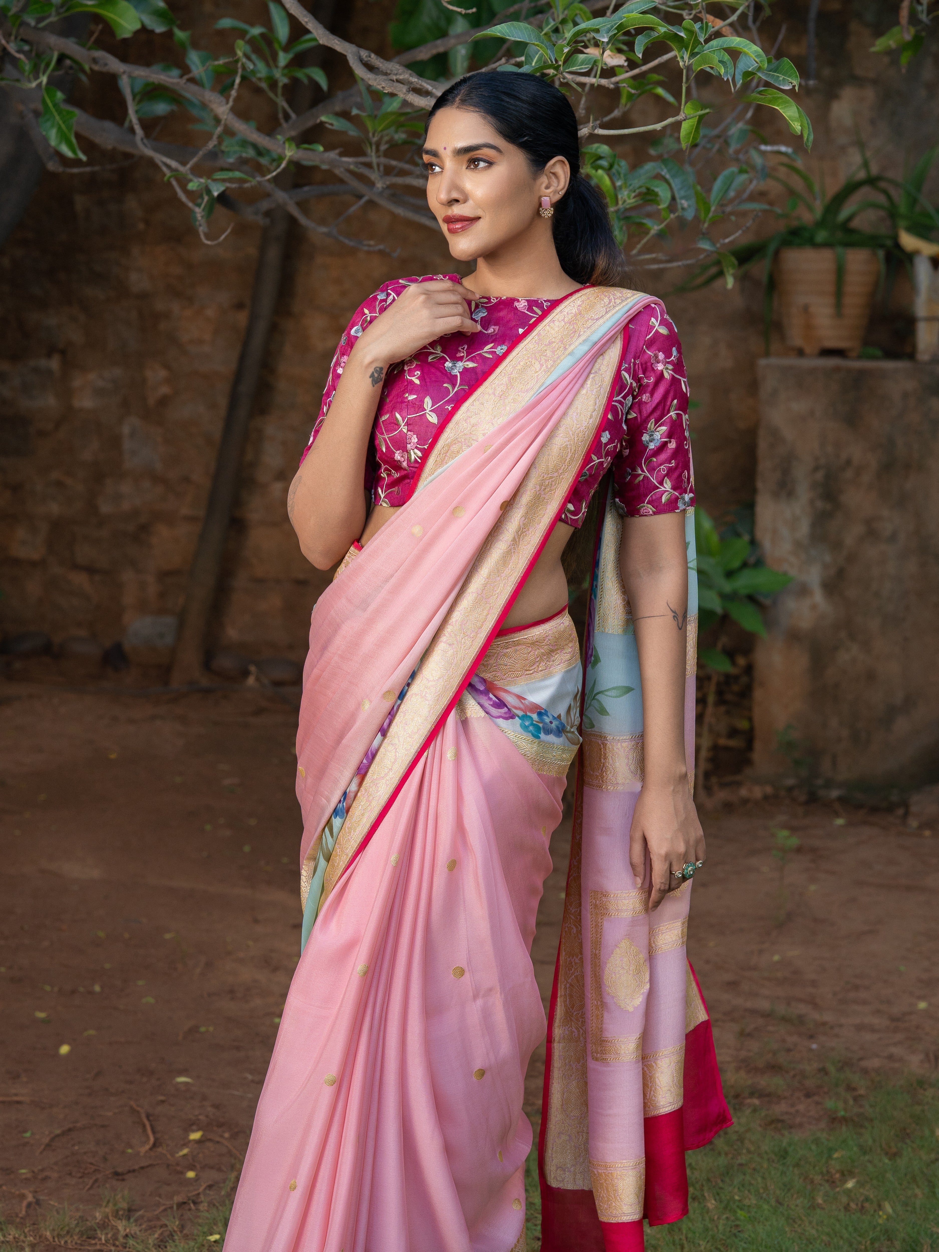 Ethereal Pastel Pink Banarasi Georgette Saree with Brush-Painted Florals & Contrast Blouse