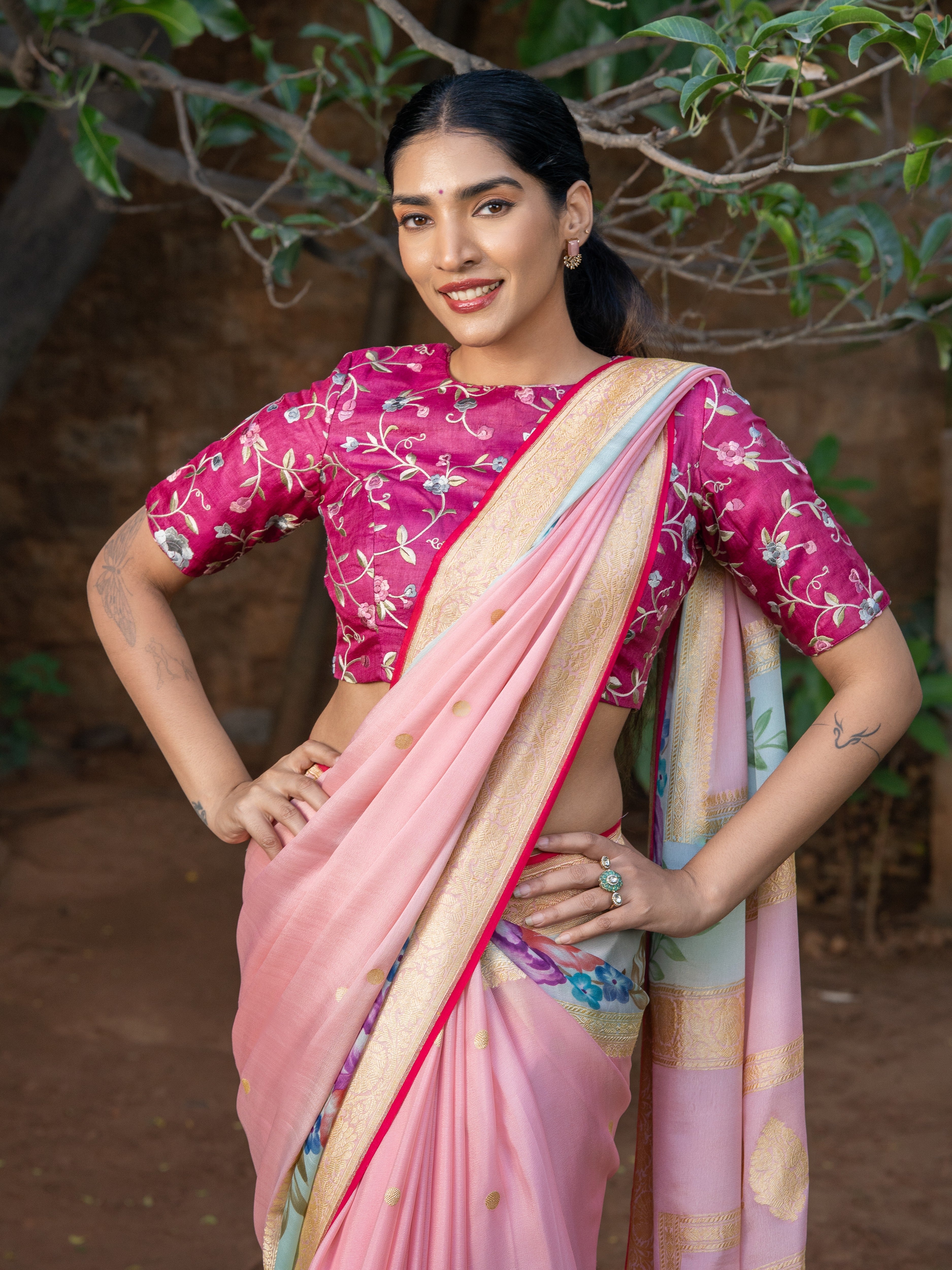 Ethereal Pastel Pink Banarasi Georgette Saree with Brush-Painted Florals & Contrast Blouse