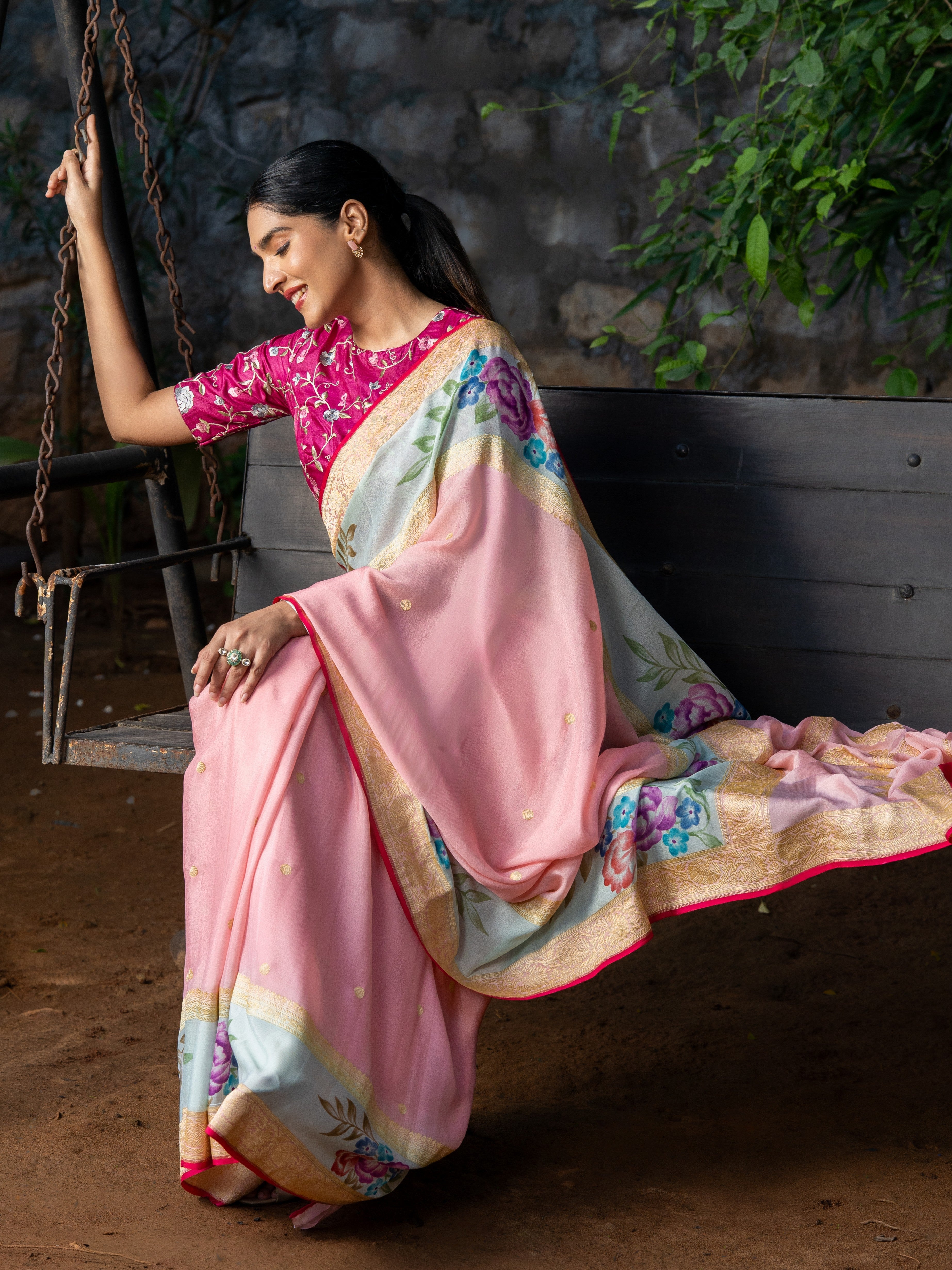 Ethereal Pastel Pink Banarasi Georgette Saree with Brush-Painted Florals & Contrast Blouse