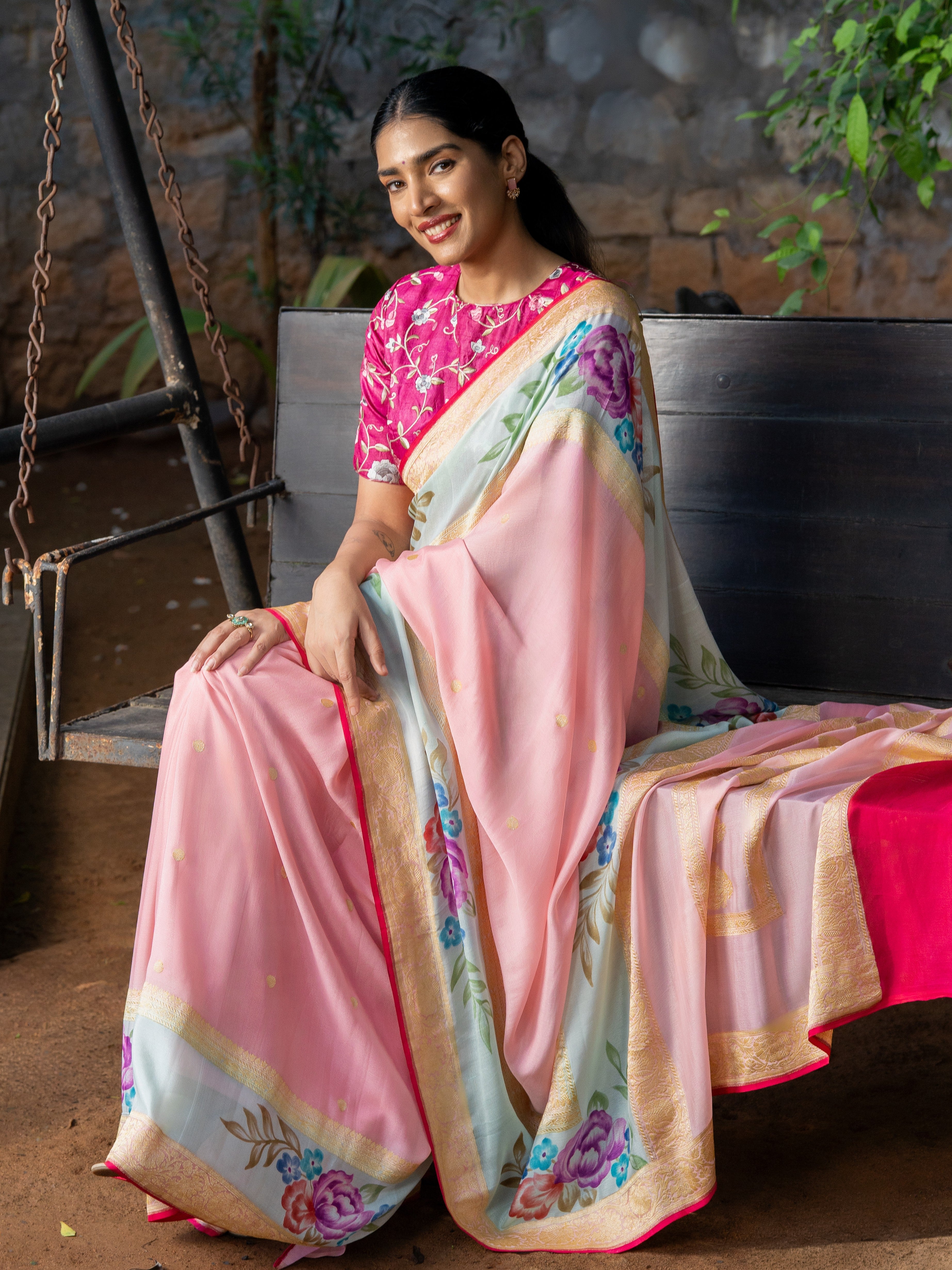 Ethereal Pastel Pink Banarasi Georgette Saree with Brush-Painted Florals & Contrast Blouse