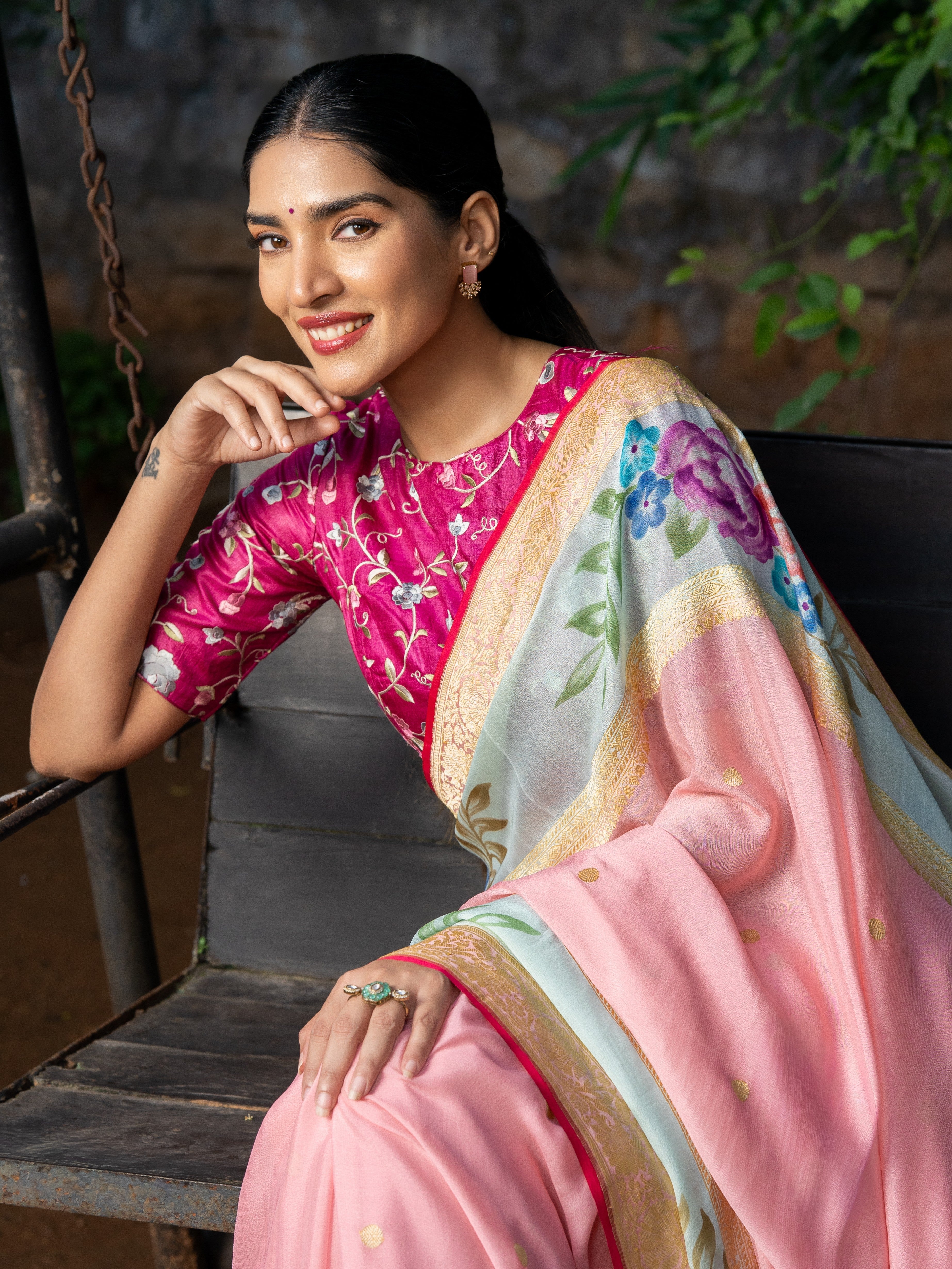 Ethereal Pastel Pink Banarasi Georgette Saree with Brush-Painted Florals & Contrast Blouse
