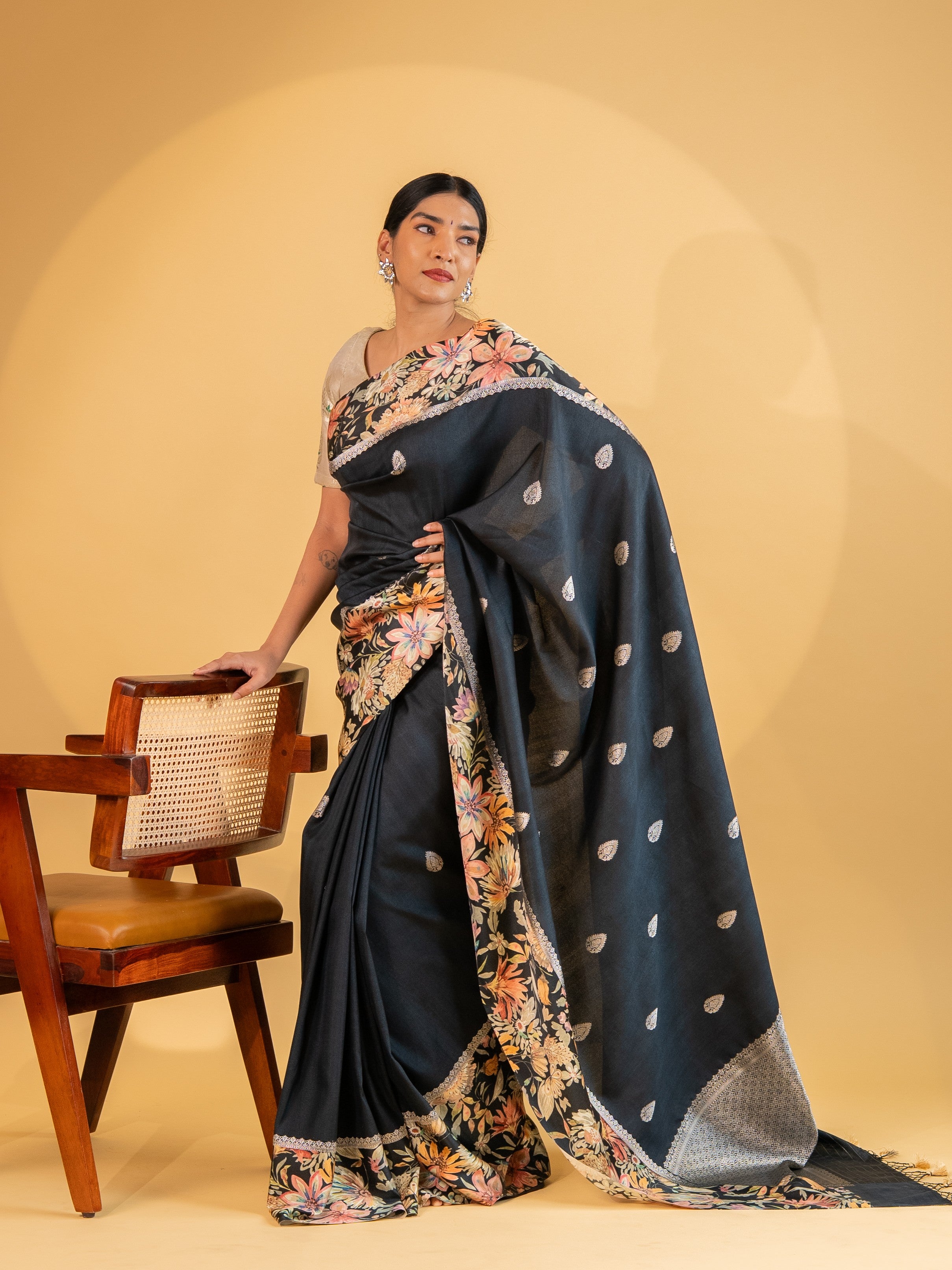 Midnight Elegance Tussore Saree with Floral Printed Border