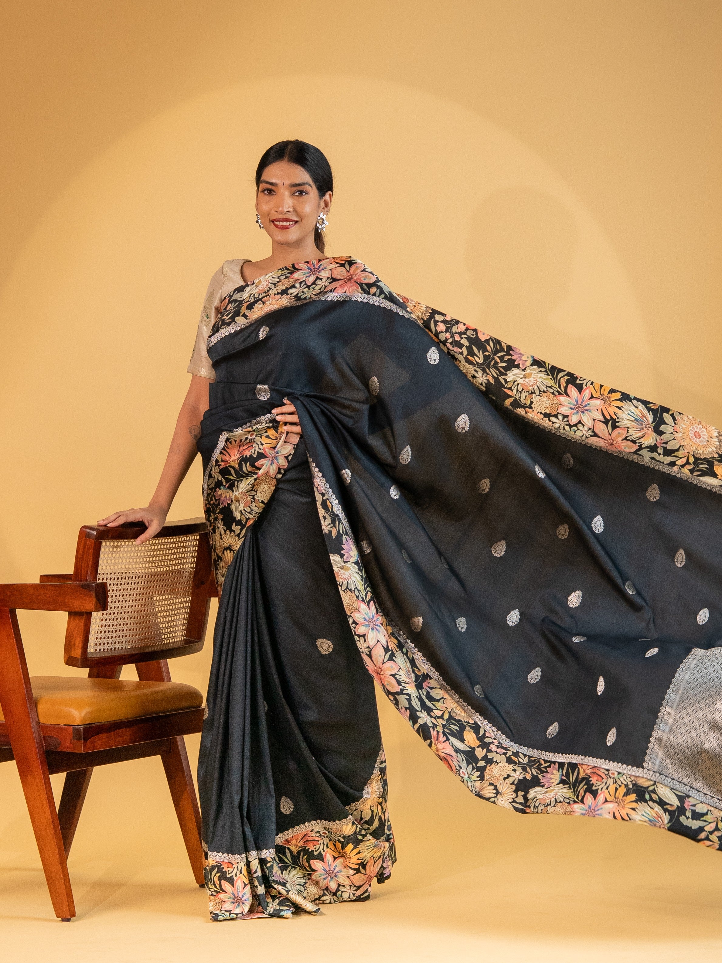 Midnight Elegance Tussore Saree with Floral Printed Border