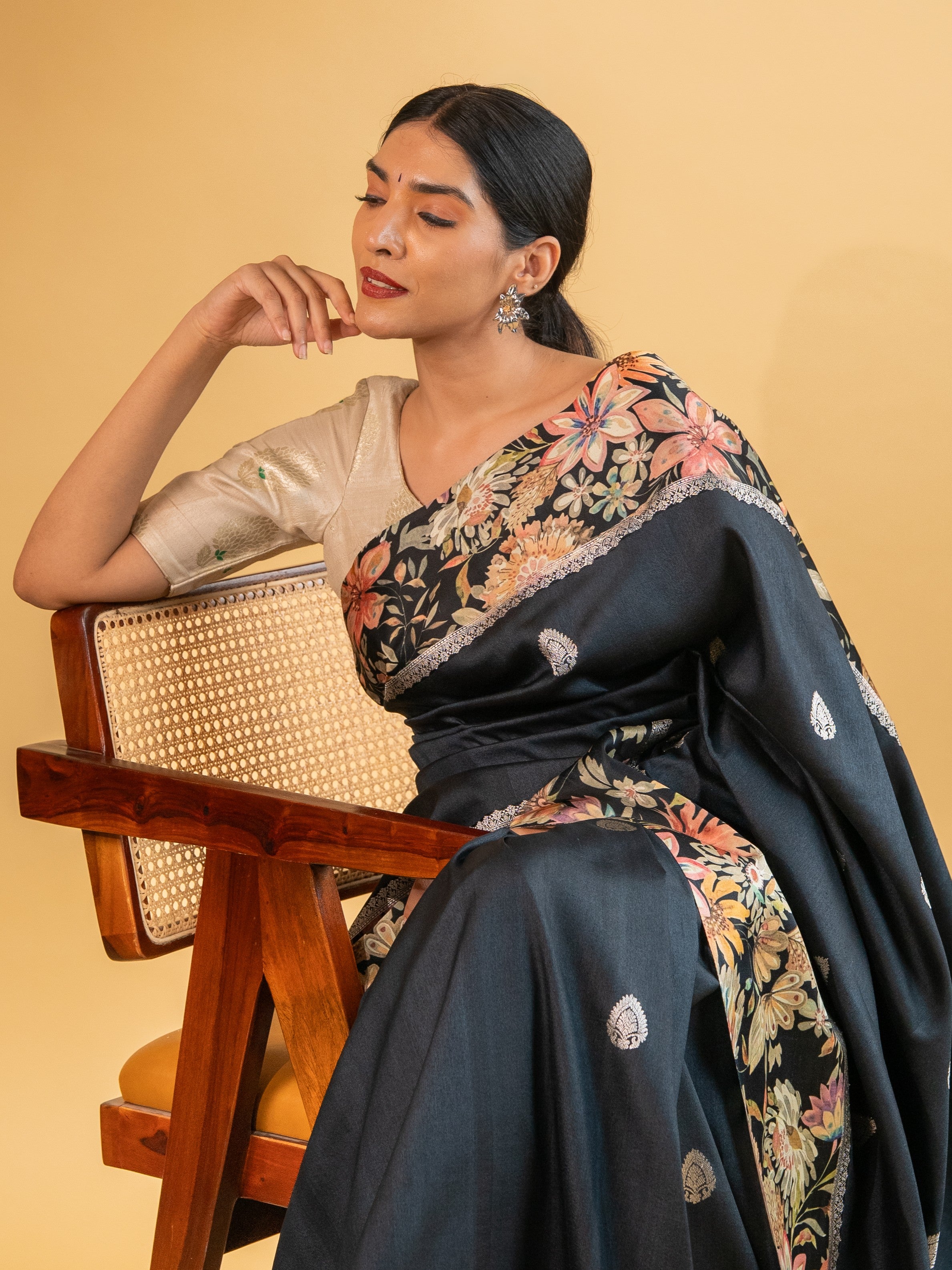 Midnight Elegance Tussore Saree with Floral Printed Border