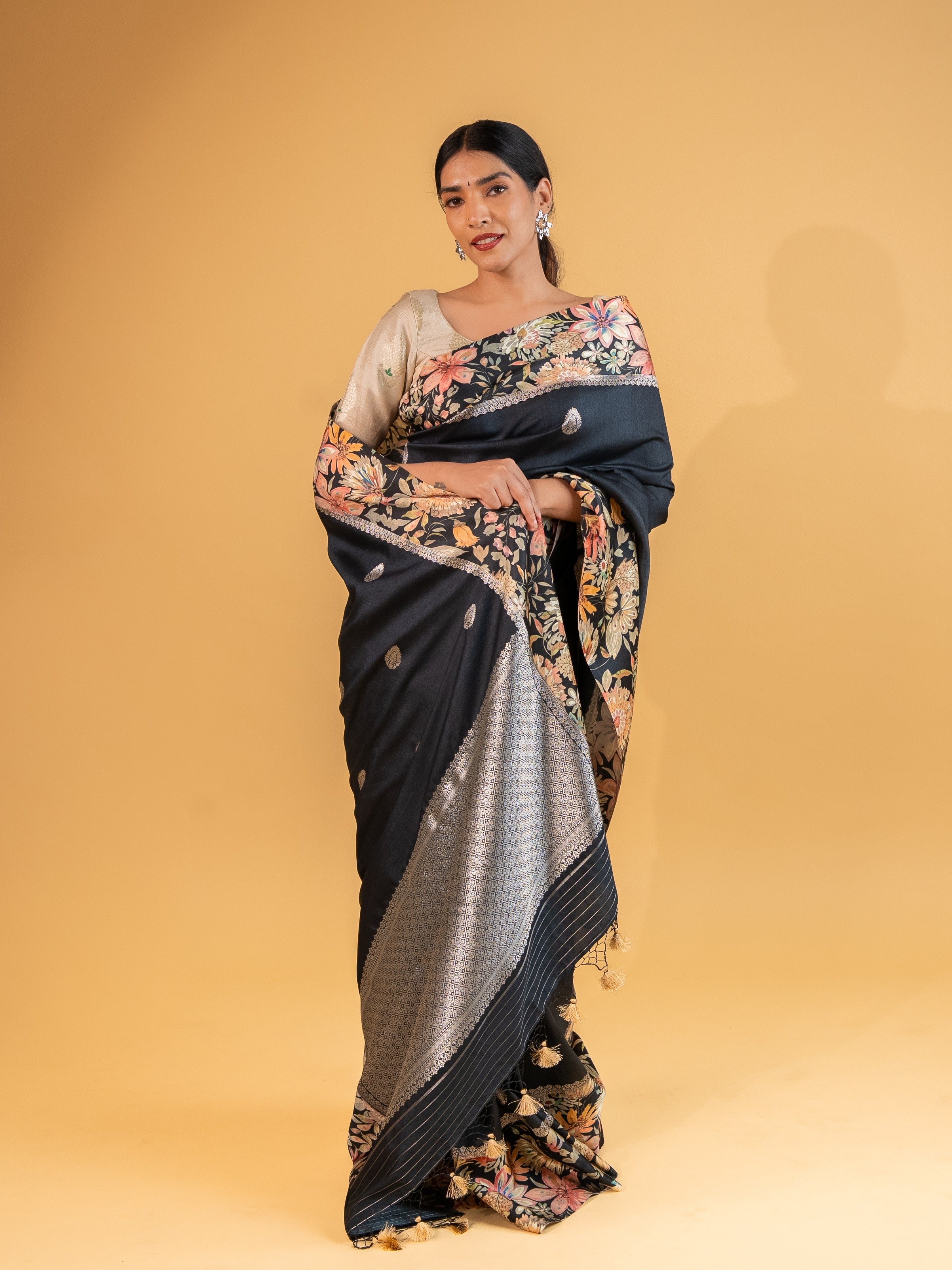Midnight Elegance Tussore Saree with Floral Printed Border