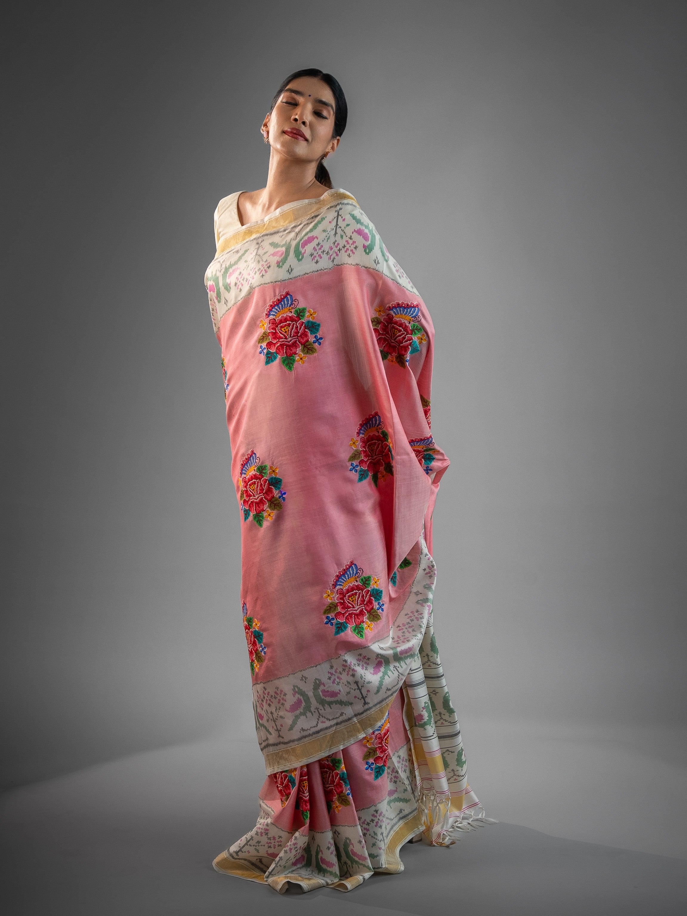 Exquisite Pink Patola Saree with Floral Petite Point Embroidery