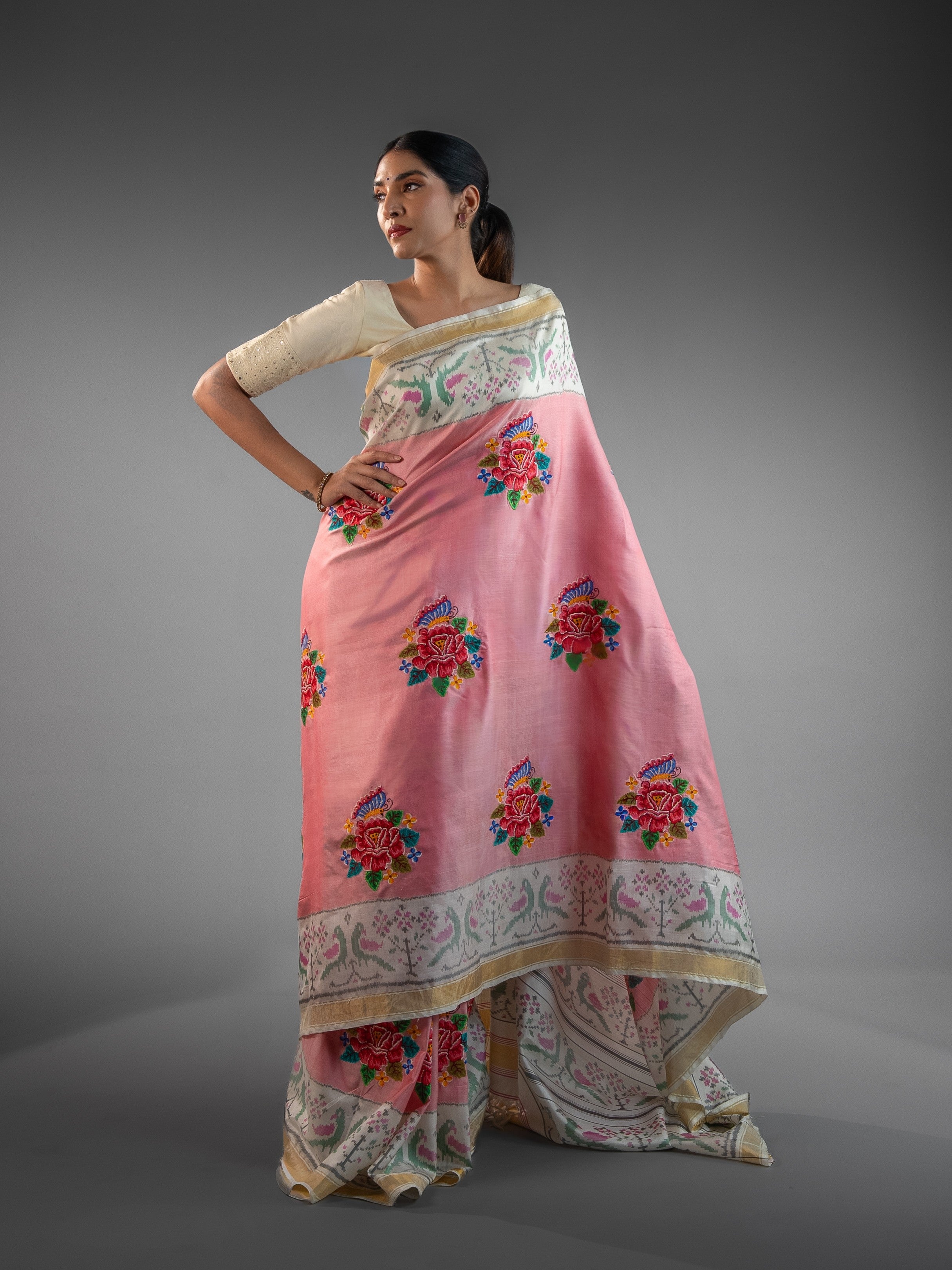 Exquisite Pink Patola Saree with Floral Petite Point Embroidery