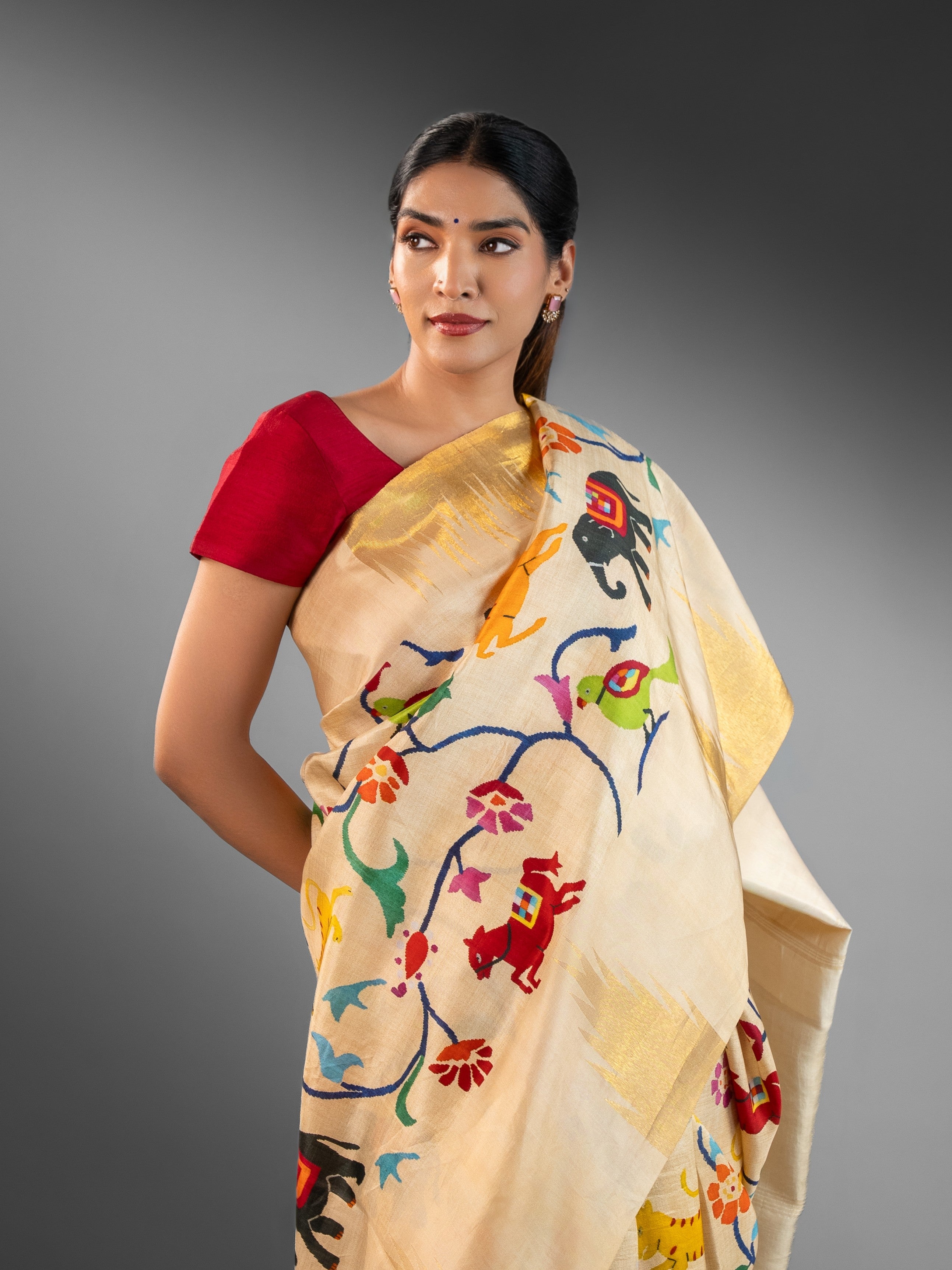 Cream Printed Kanjeevaram Tussore Silk Saree with Wildlife Motifs & Gold Zari Pallu