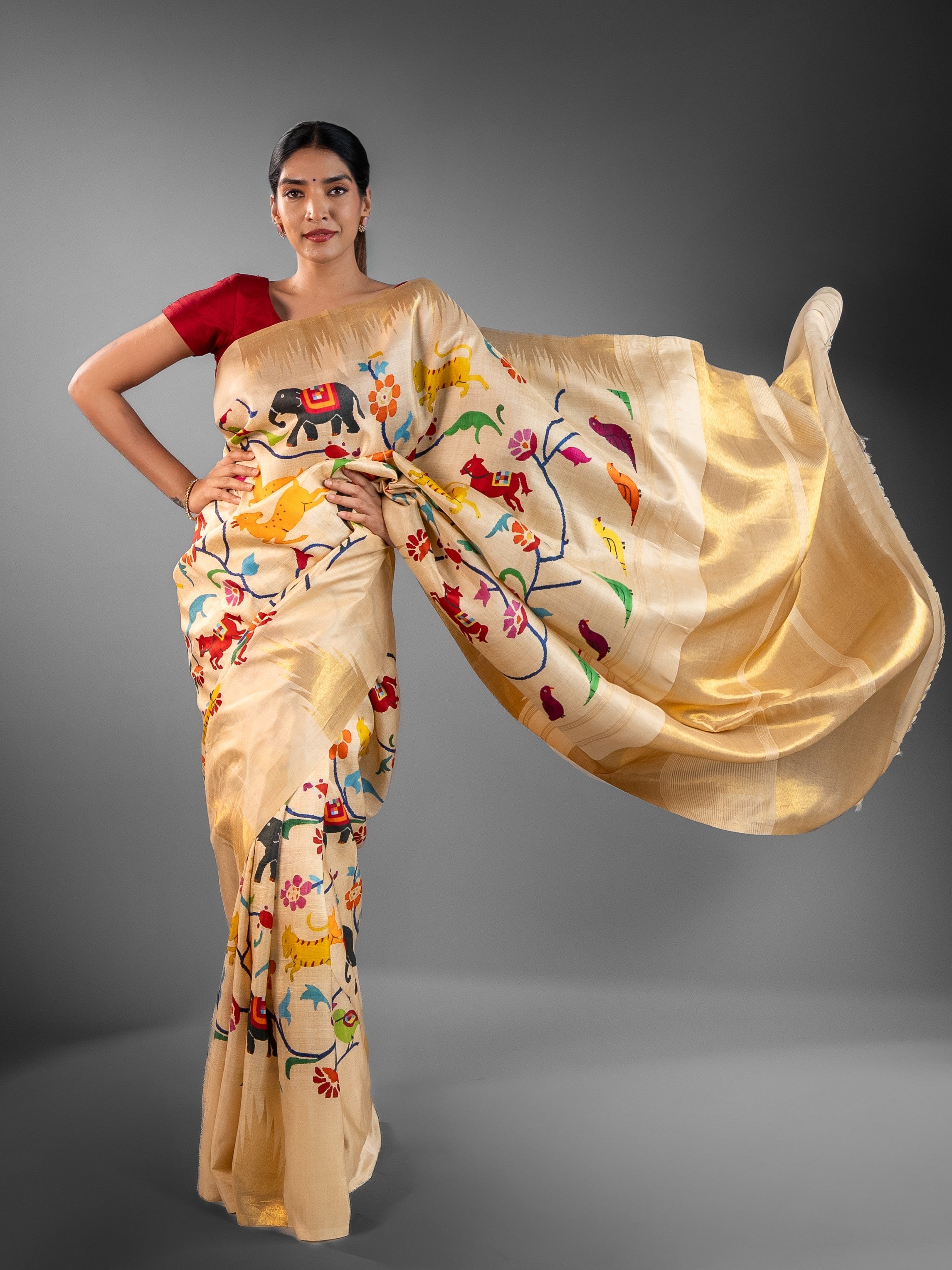 Cream Printed Kanjeevaram Tussore Silk Saree with Wildlife Motifs & Gold Zari Pallu