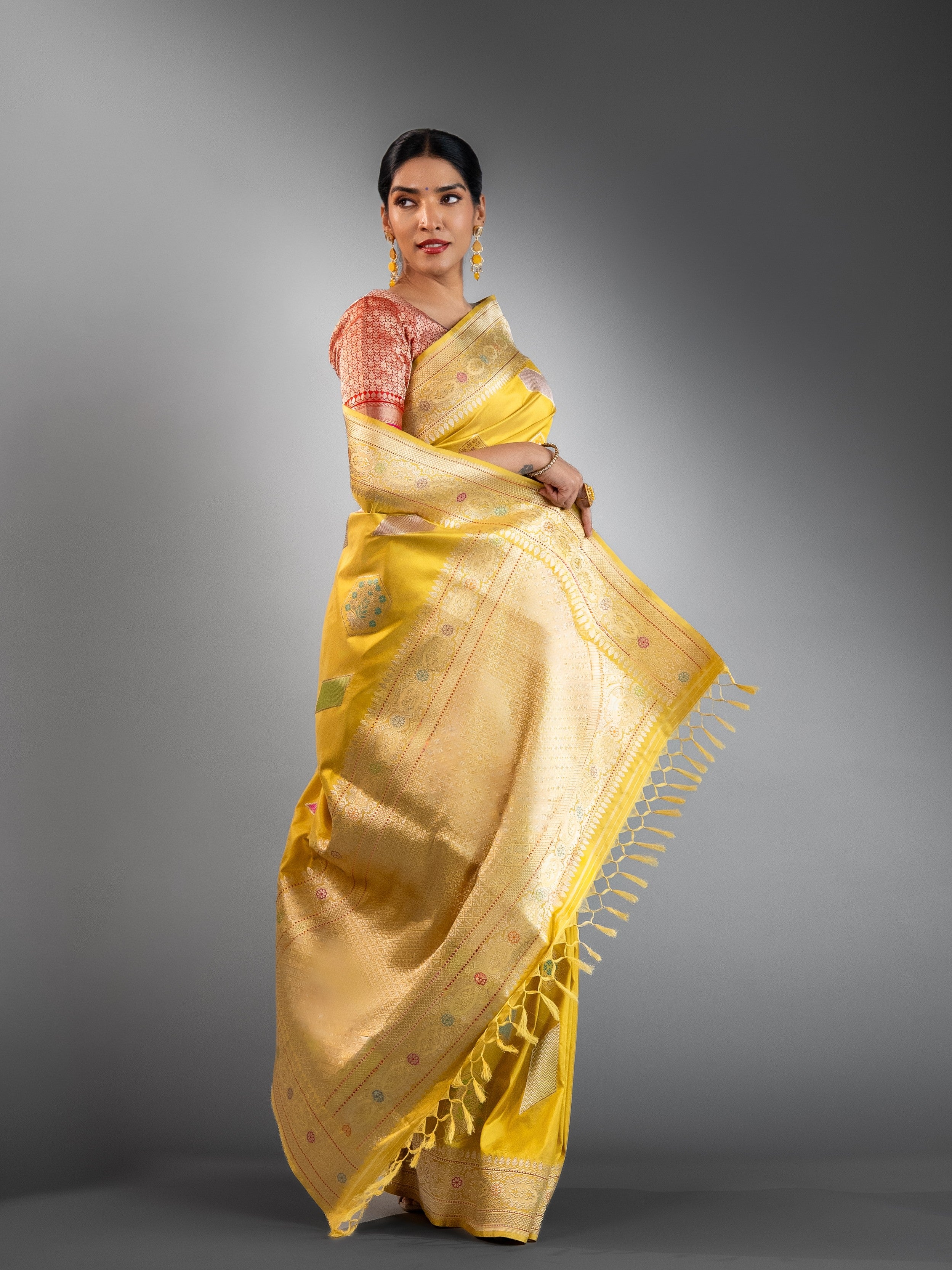 Exquisite Golden-Green Banarasi Silk Saree with Meenakari & Geometric Zari Motifs