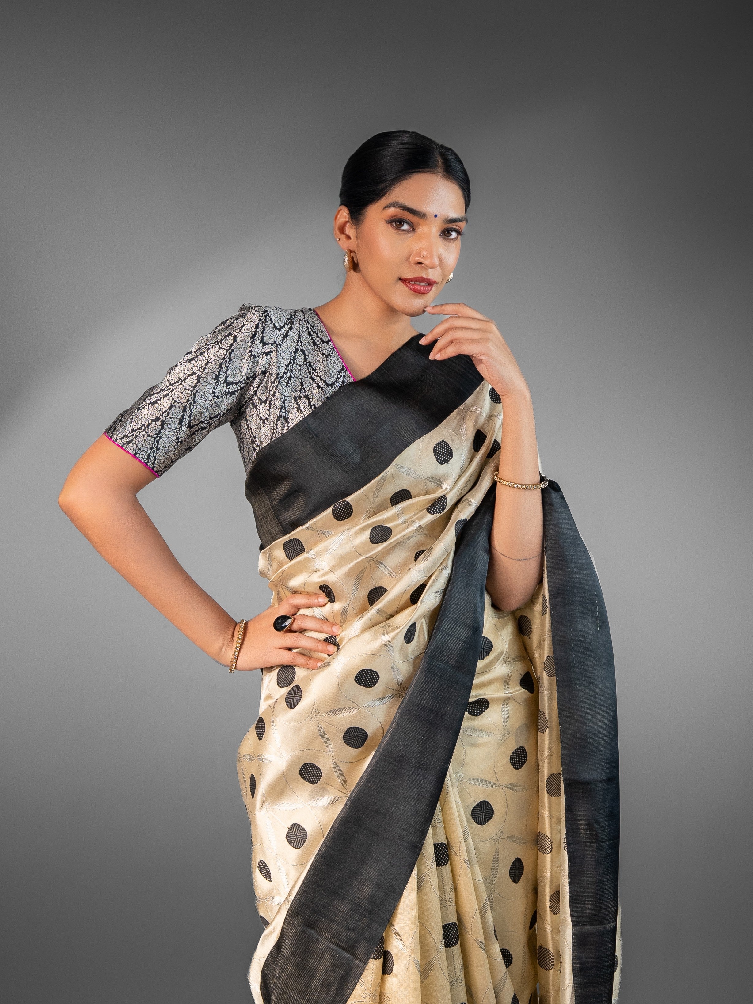 Monochrome Elegance: Premium Cream & Black Chanderi Silk Saree