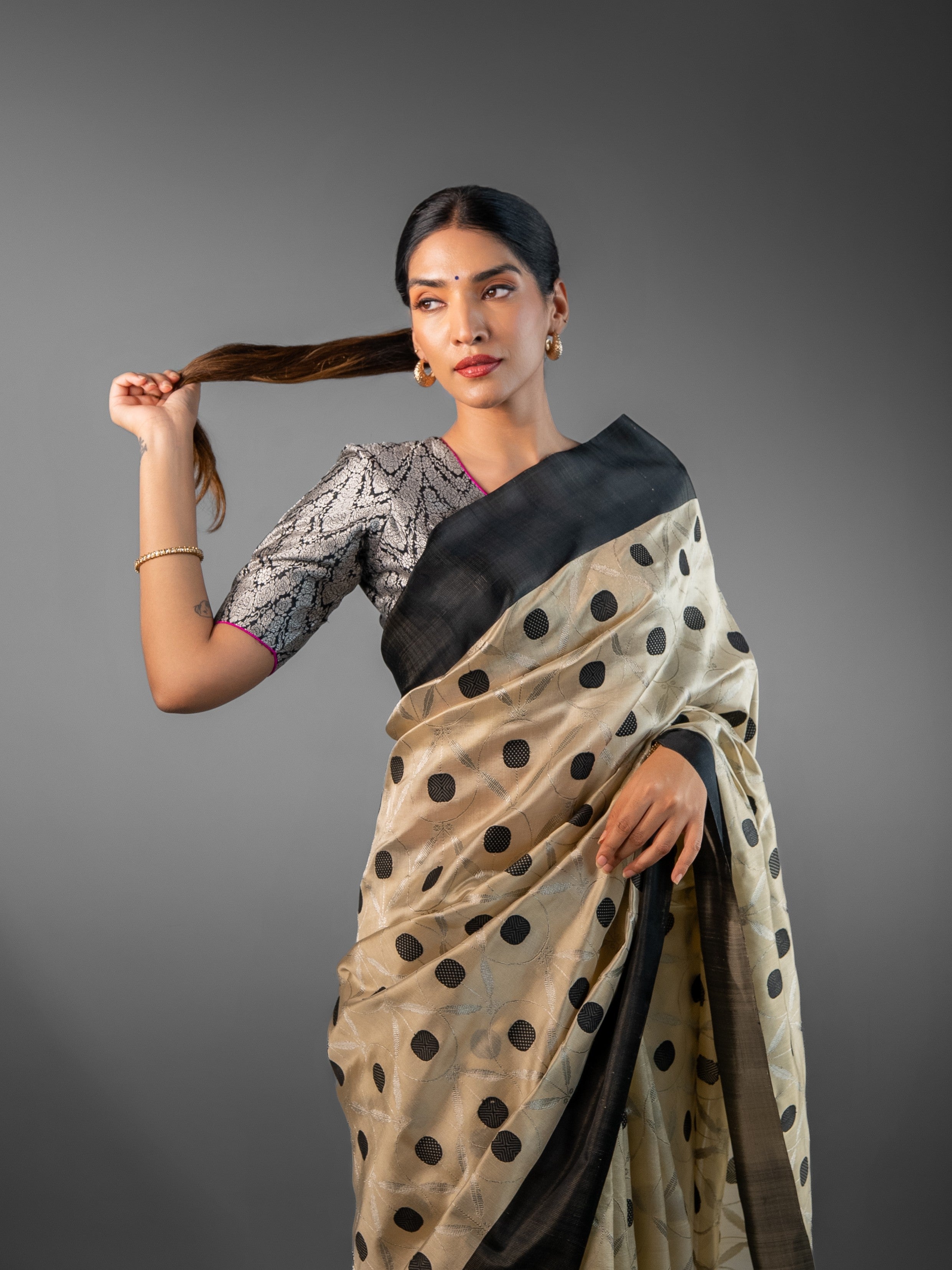 Monochrome Elegance: Premium Cream & Black Chanderi Silk Saree