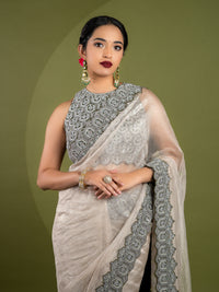 Tissue Crush Organza Cream Colour Saree With Readymade Blouse