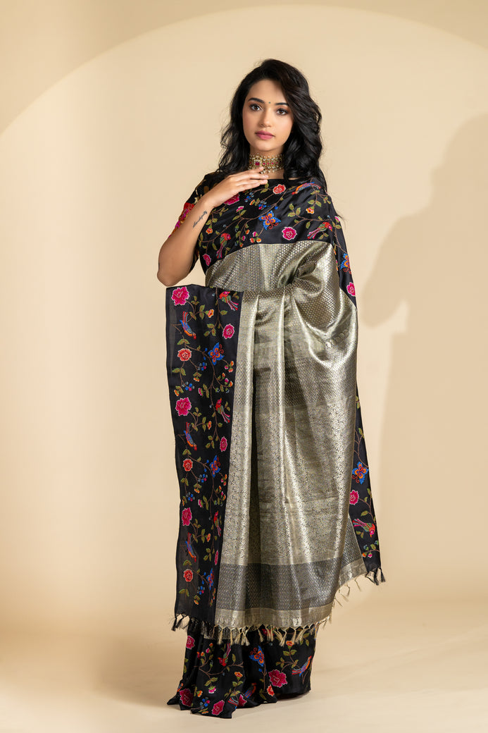 Tissue Kanjeevaram Silk Saree Black In Colour