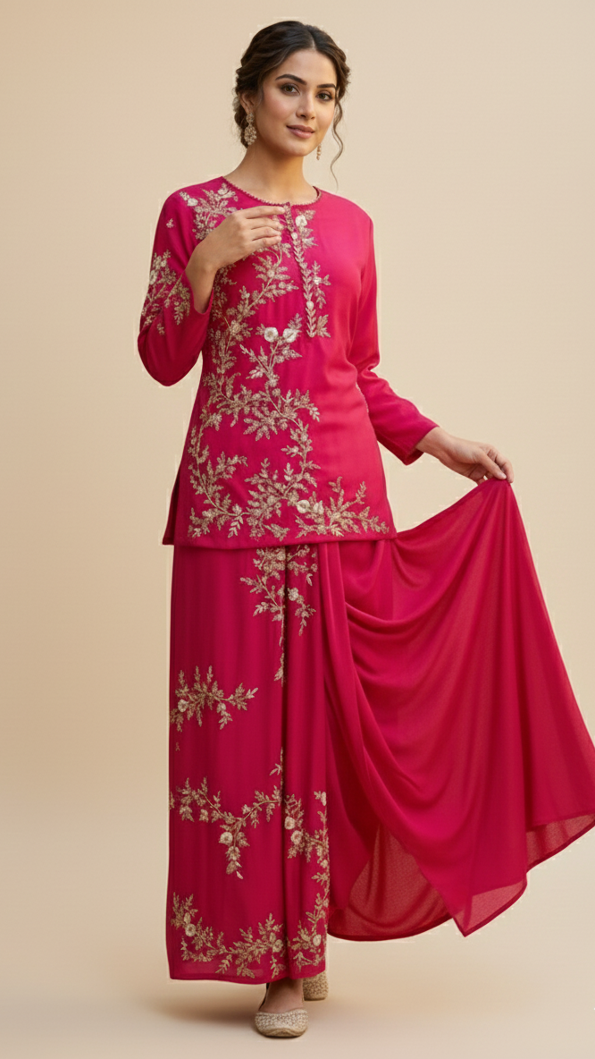 Elegant Fuchsia Silk Embroidered Tunic & Drape Skirt Set