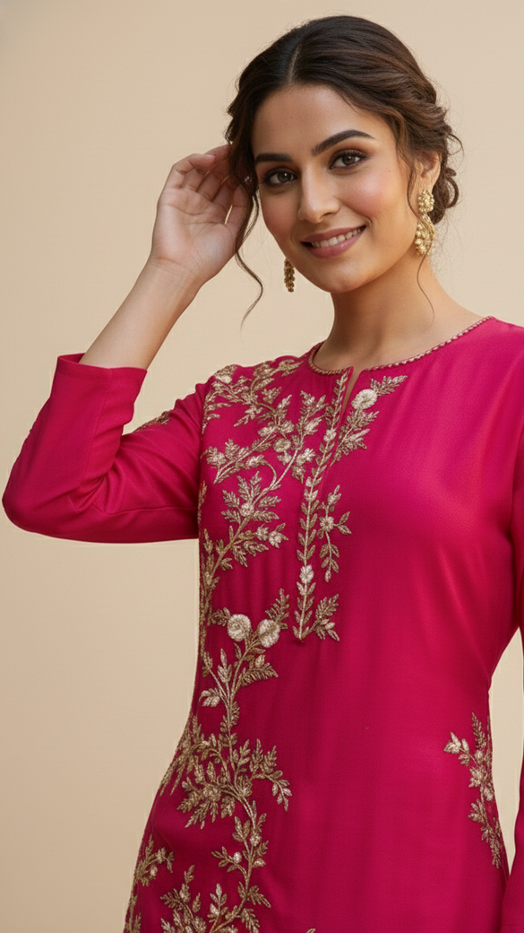 Elegant Fuchsia Silk Embroidered Tunic & Drape Skirt Set