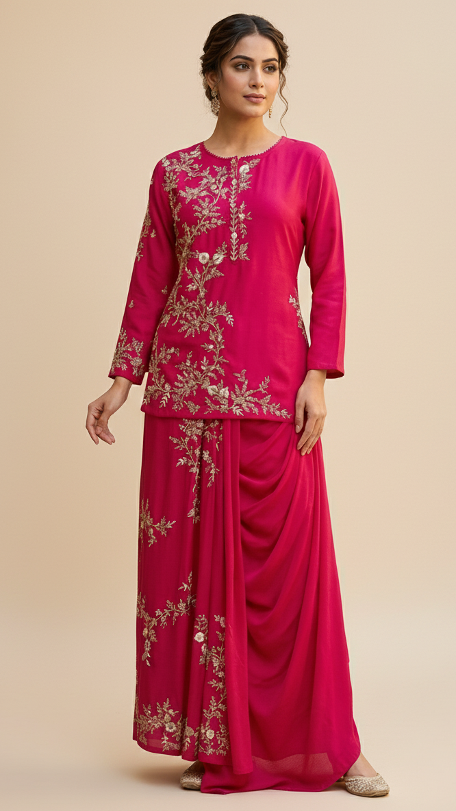 Elegant Fuchsia Silk Embroidered Tunic & Drape Skirt Set