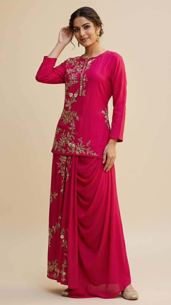 Elegant Fuchsia Silk Embroidered Tunic & Drape Skirt Set