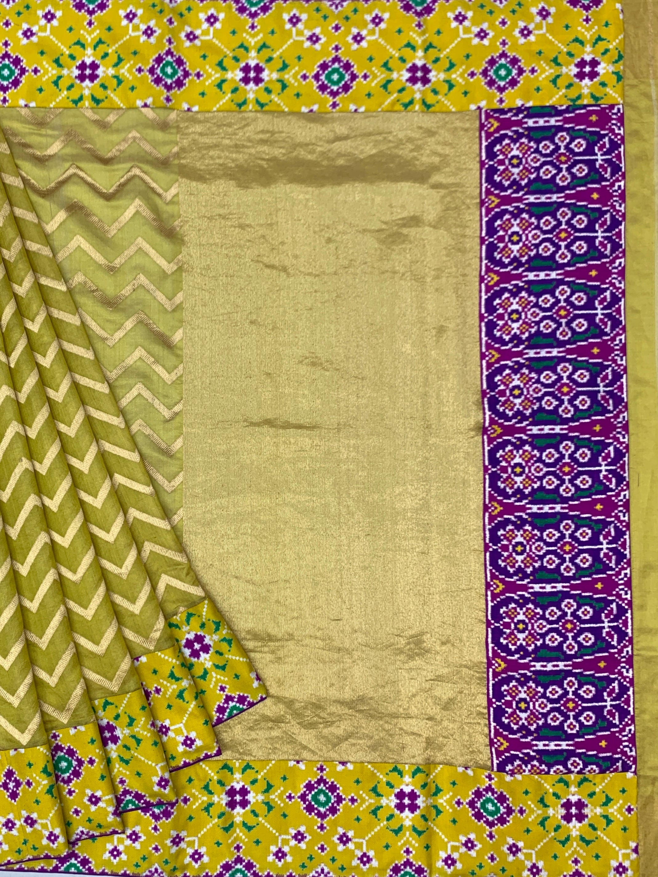 Olive Green Chanderi Silk Saree with Chevron Zari & Patan Patola Border