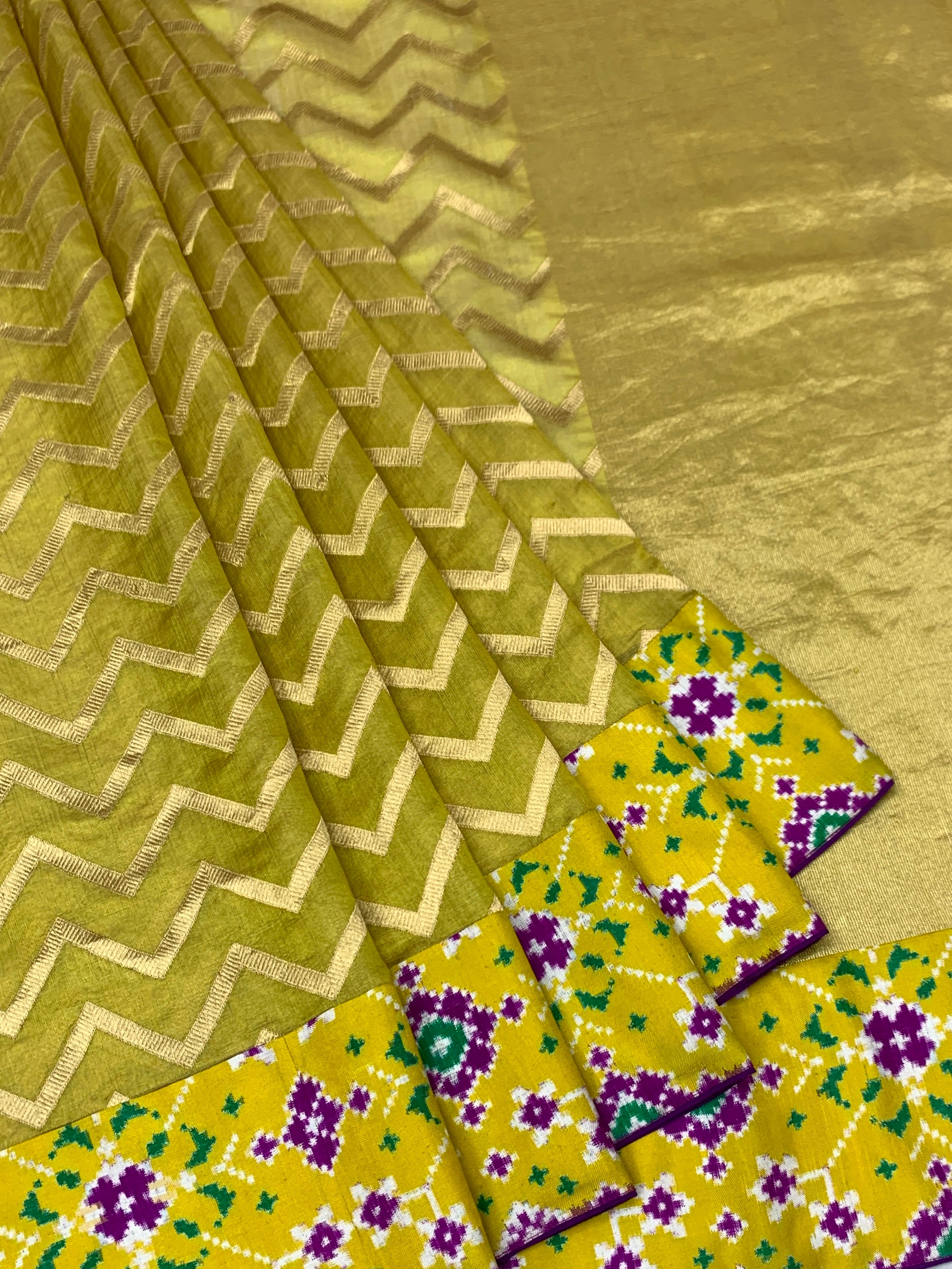 Olive Green Chanderi Silk Saree with Chevron Zari & Patan Patola Border