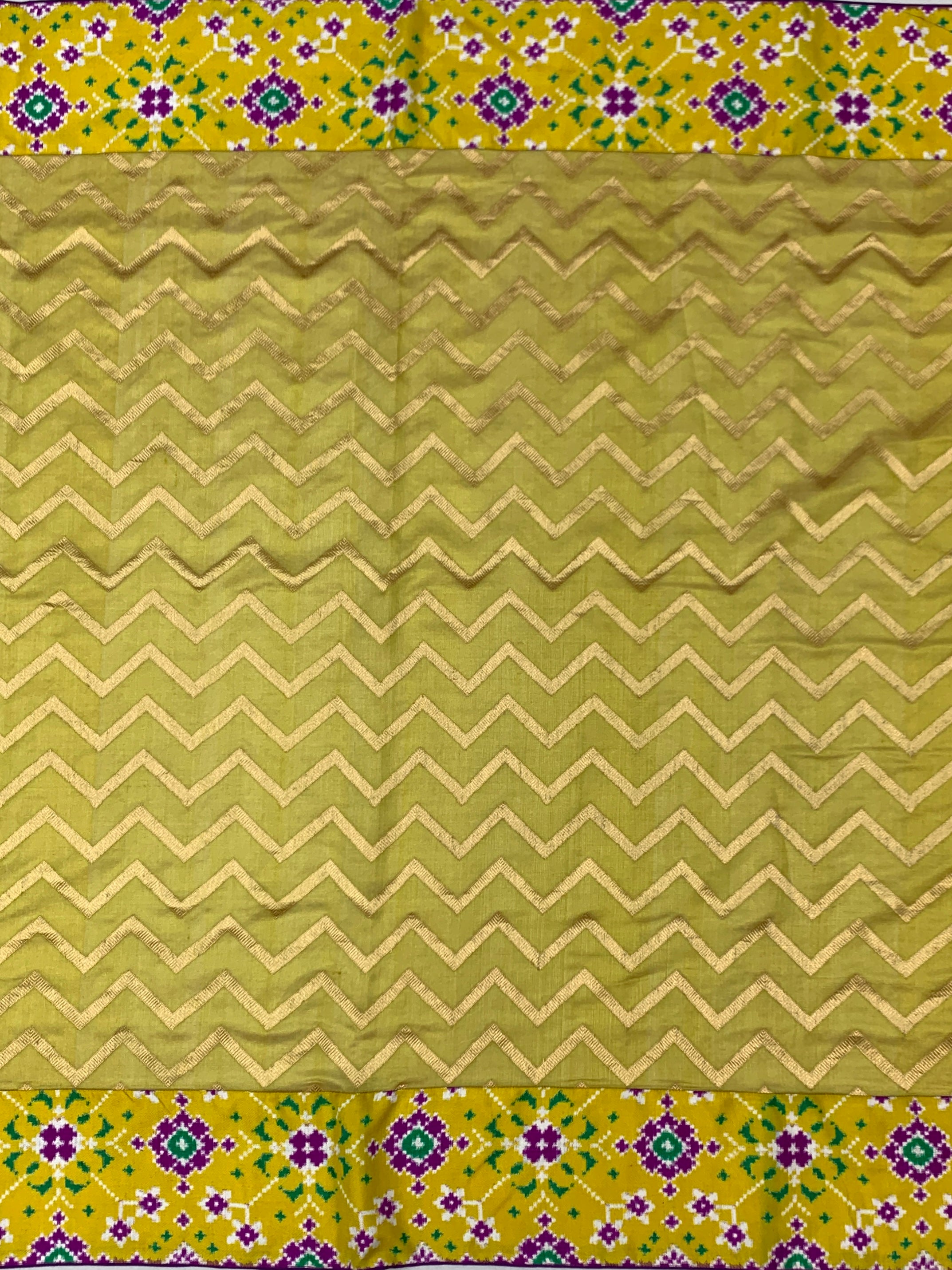 Olive Green Chanderi Silk Saree with Chevron Zari & Patan Patola Border