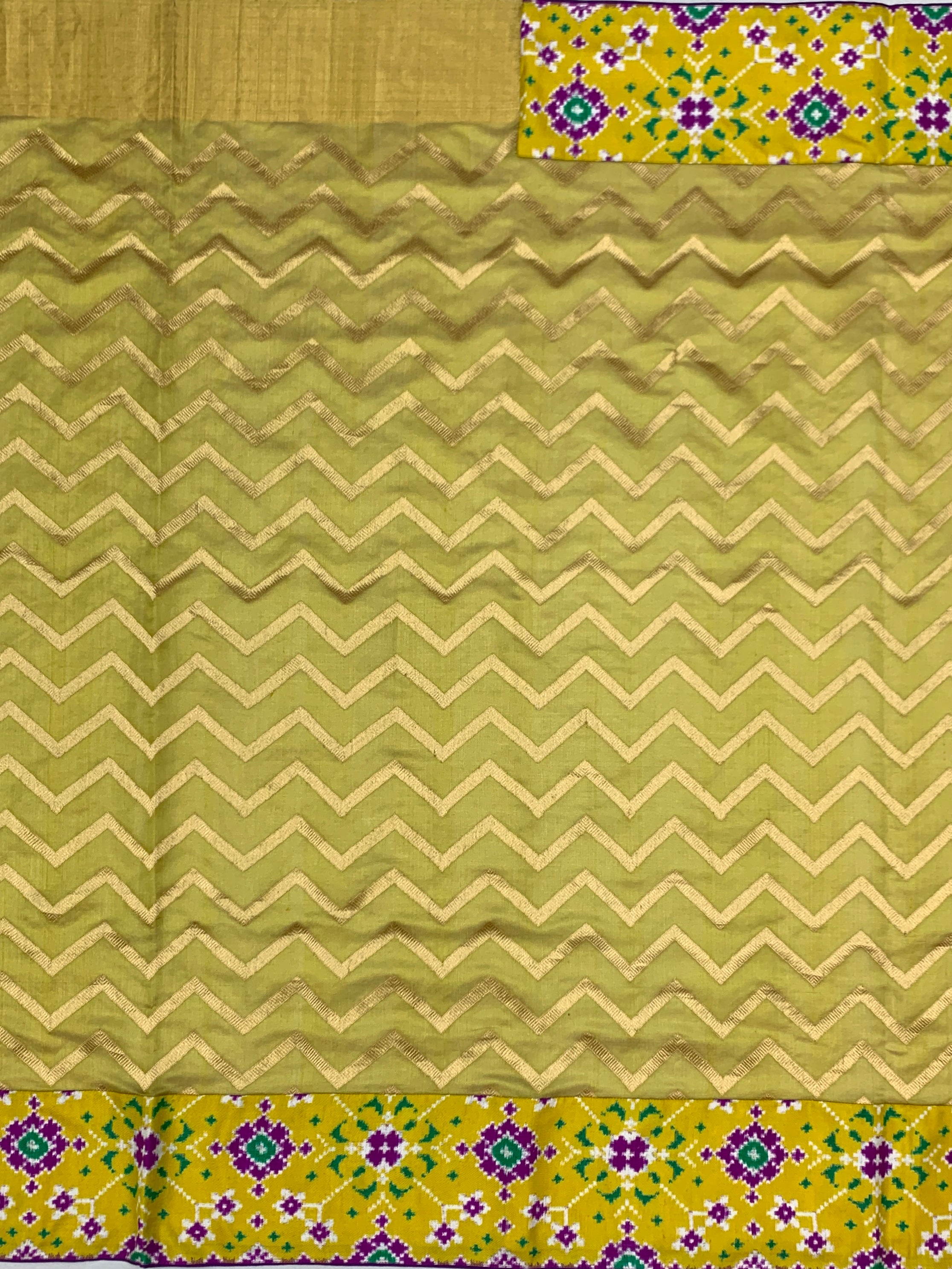 Olive Green Chanderi Silk Saree with Chevron Zari & Patan Patola Border