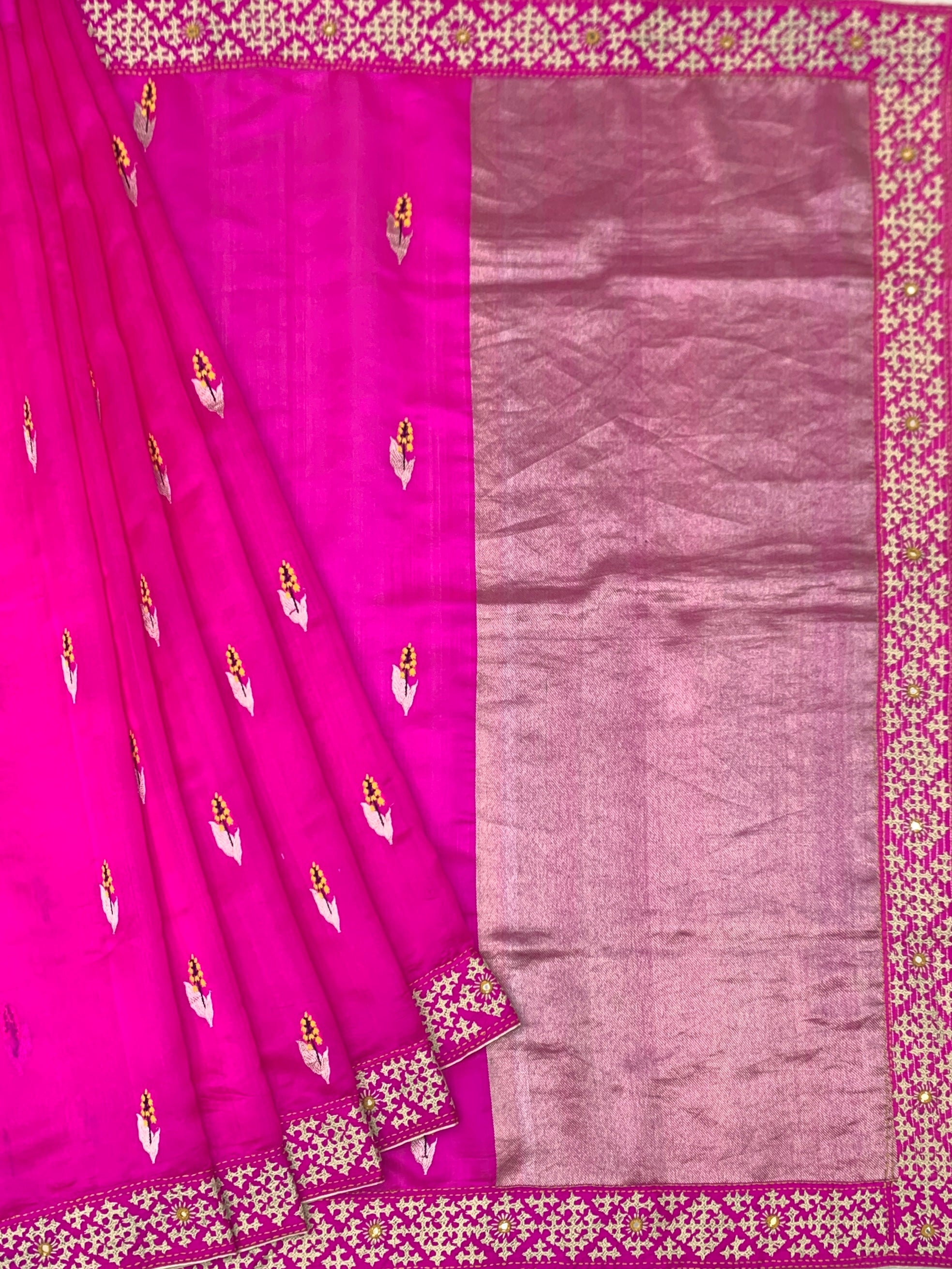 Rani Pink Fusion Chanderi Silk Saree with Kutch Work Border