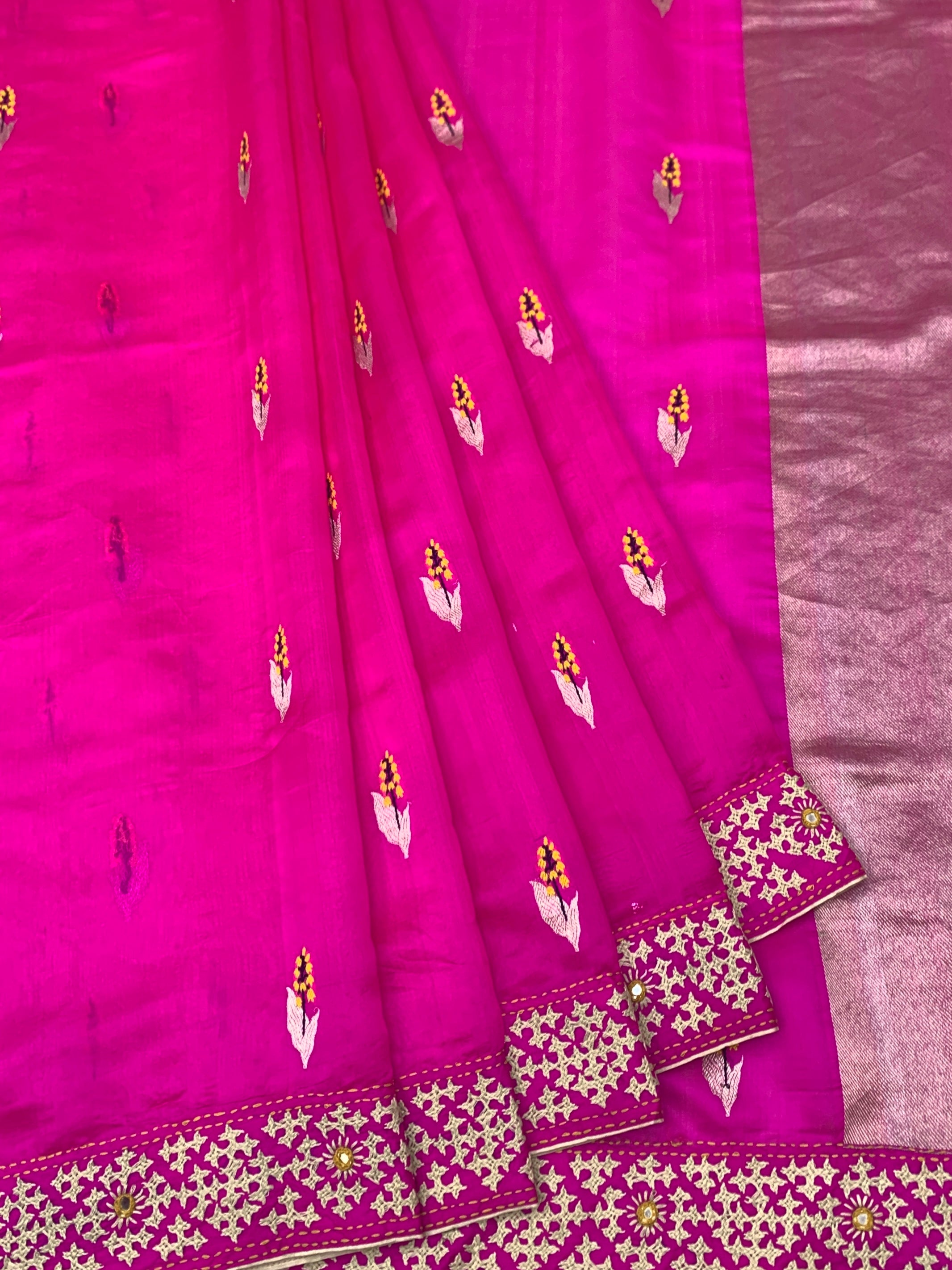Rani Pink Fusion Chanderi Silk Saree with Kutch Work Border