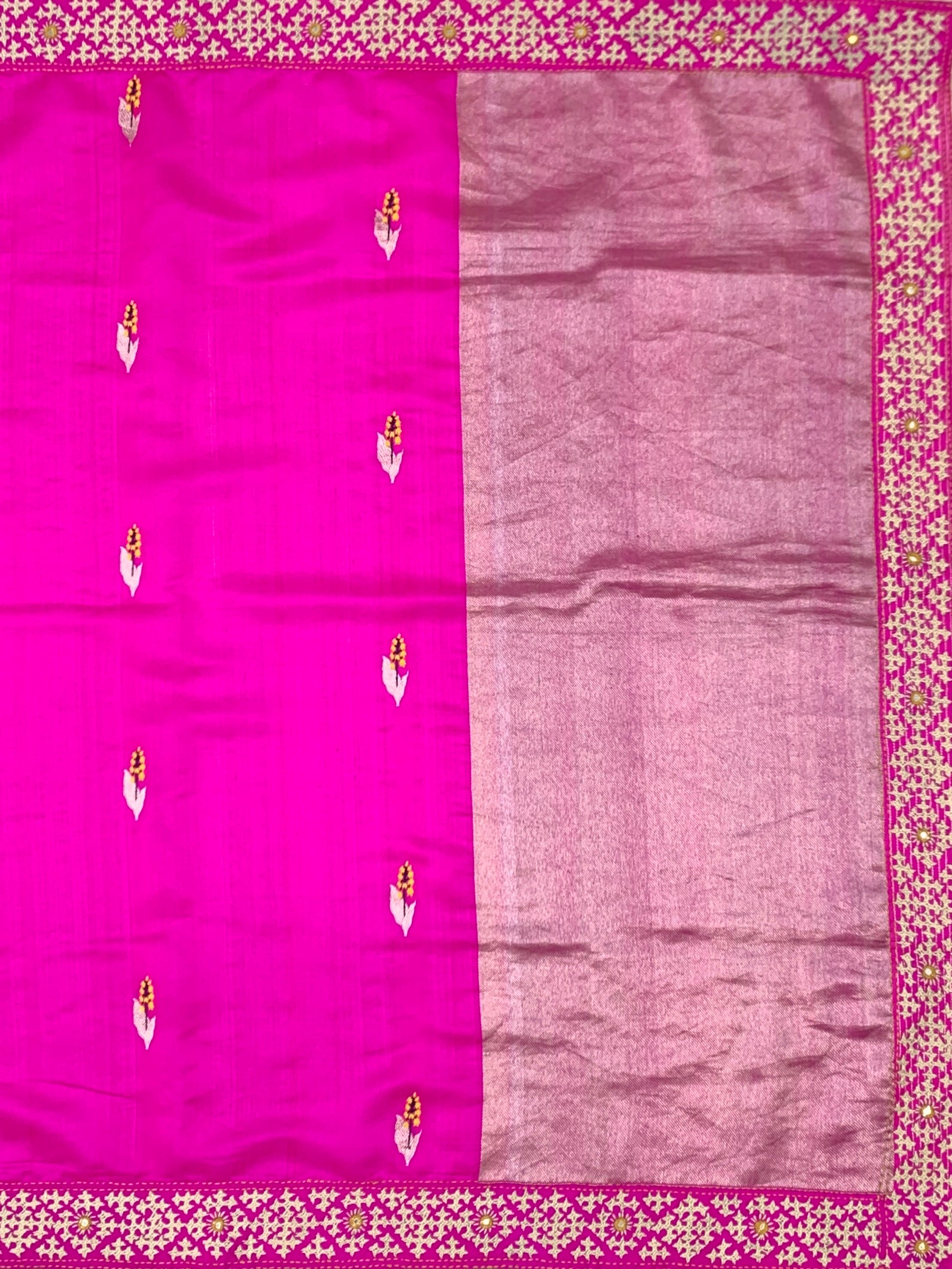 Rani Pink Fusion Chanderi Silk Saree with Kutch Work Border