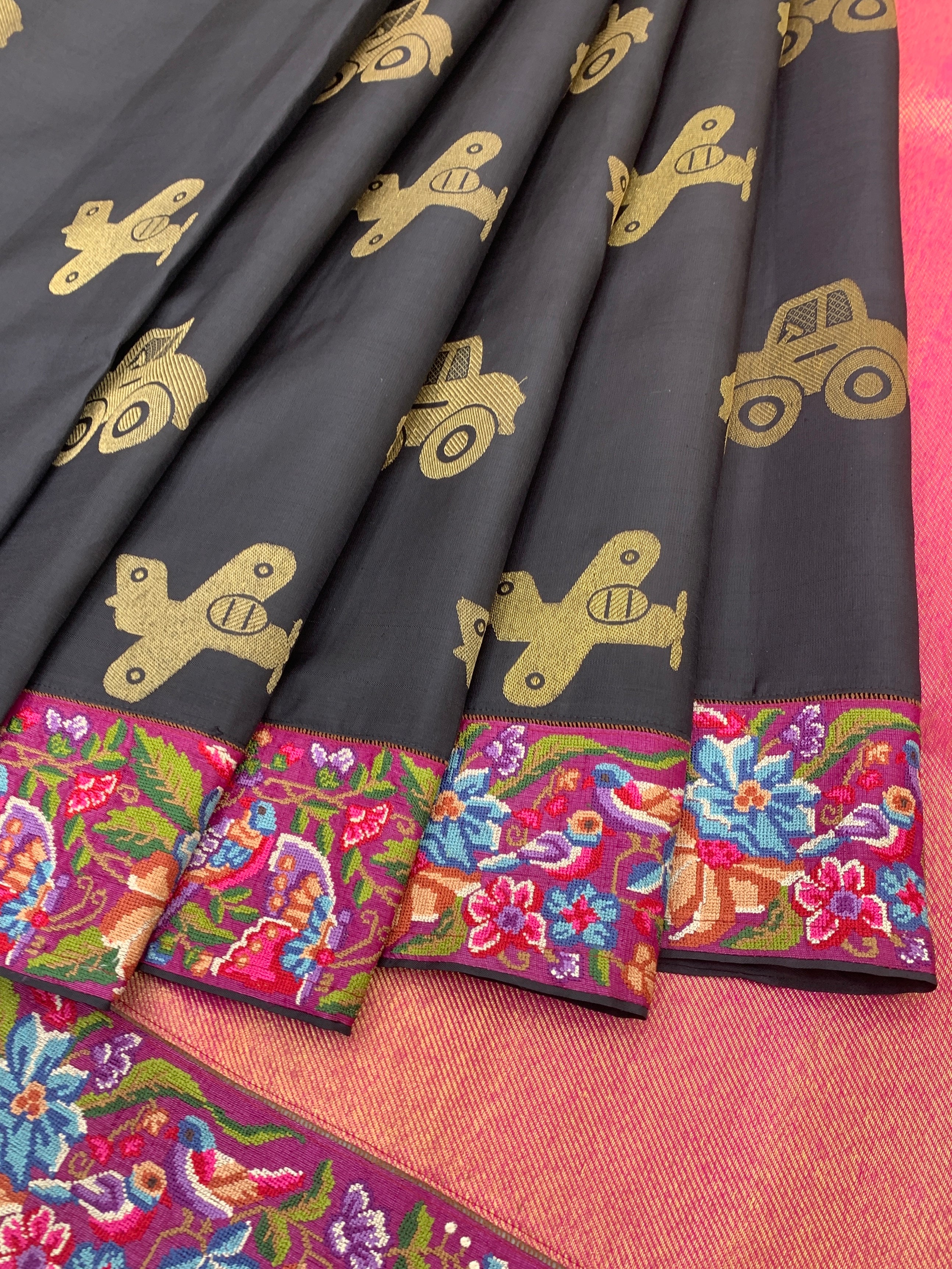 Fusion Kanjeevaram Silk Saree with Embroidered Border