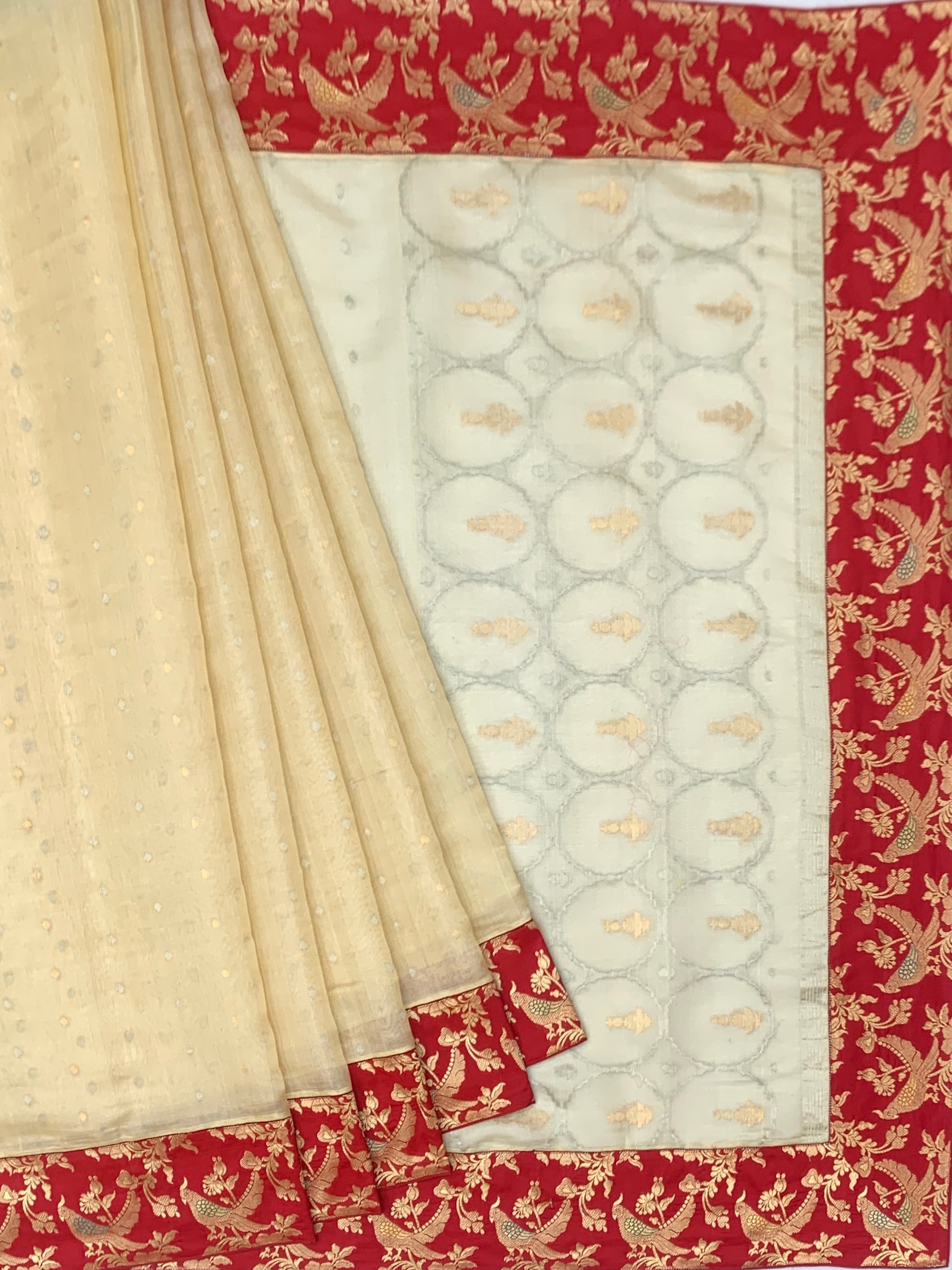 Cream Fusion Chanderi Silk Saree with Red Banarasi Brocade Border