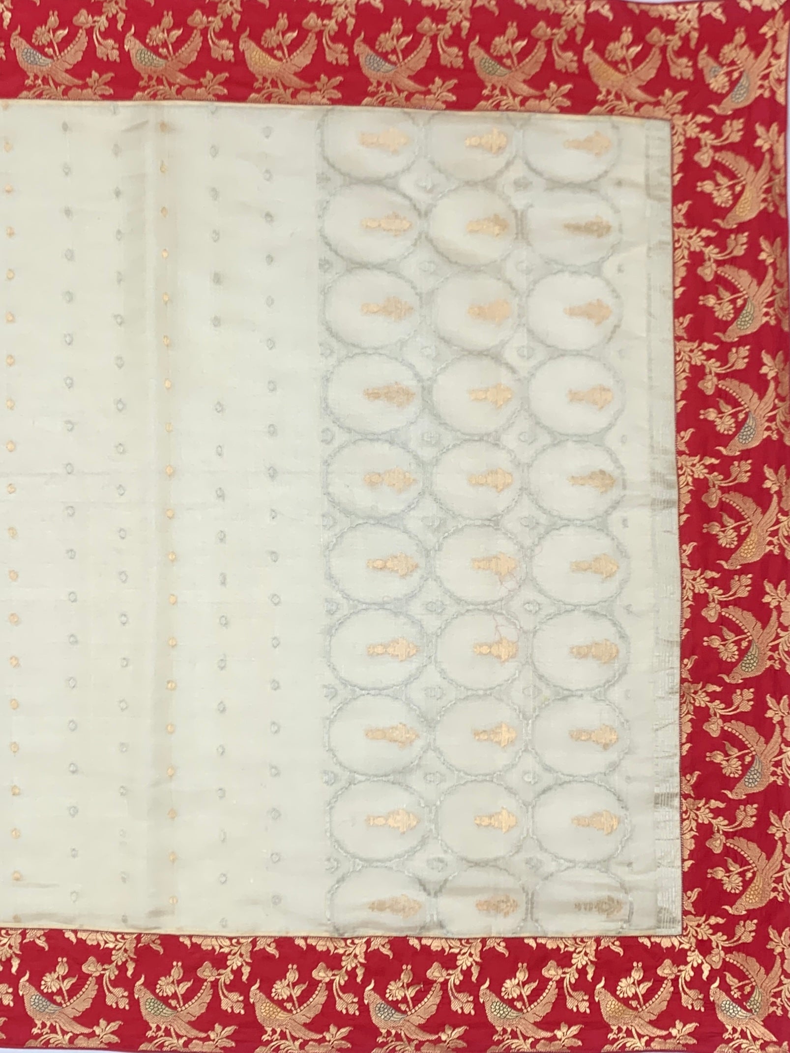 Cream Fusion Chanderi Silk Saree with Red Banarasi Brocade Border
