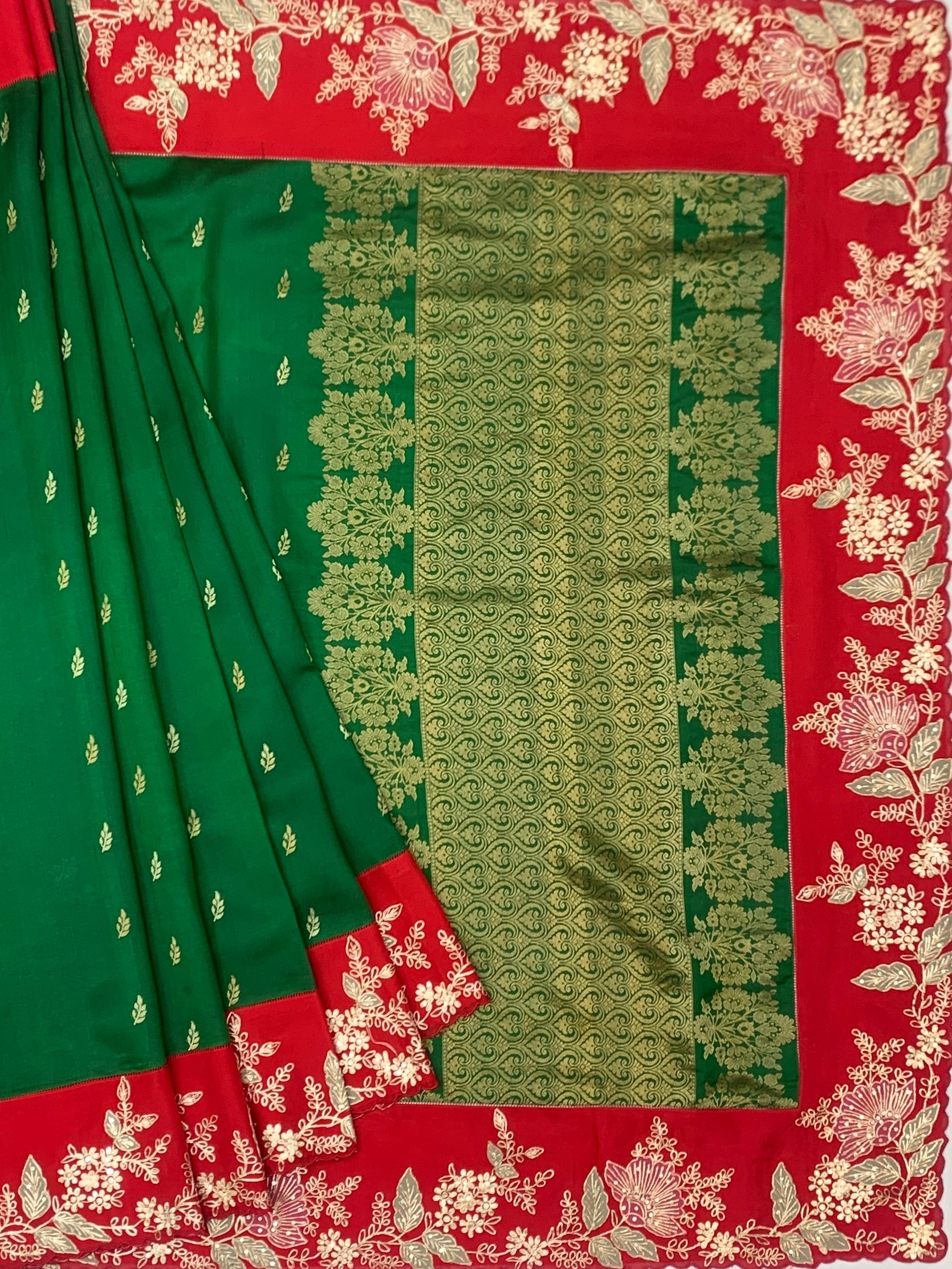 Emerald Green Fusion Chanderi Silk Saree with Contrast Aari Work Border