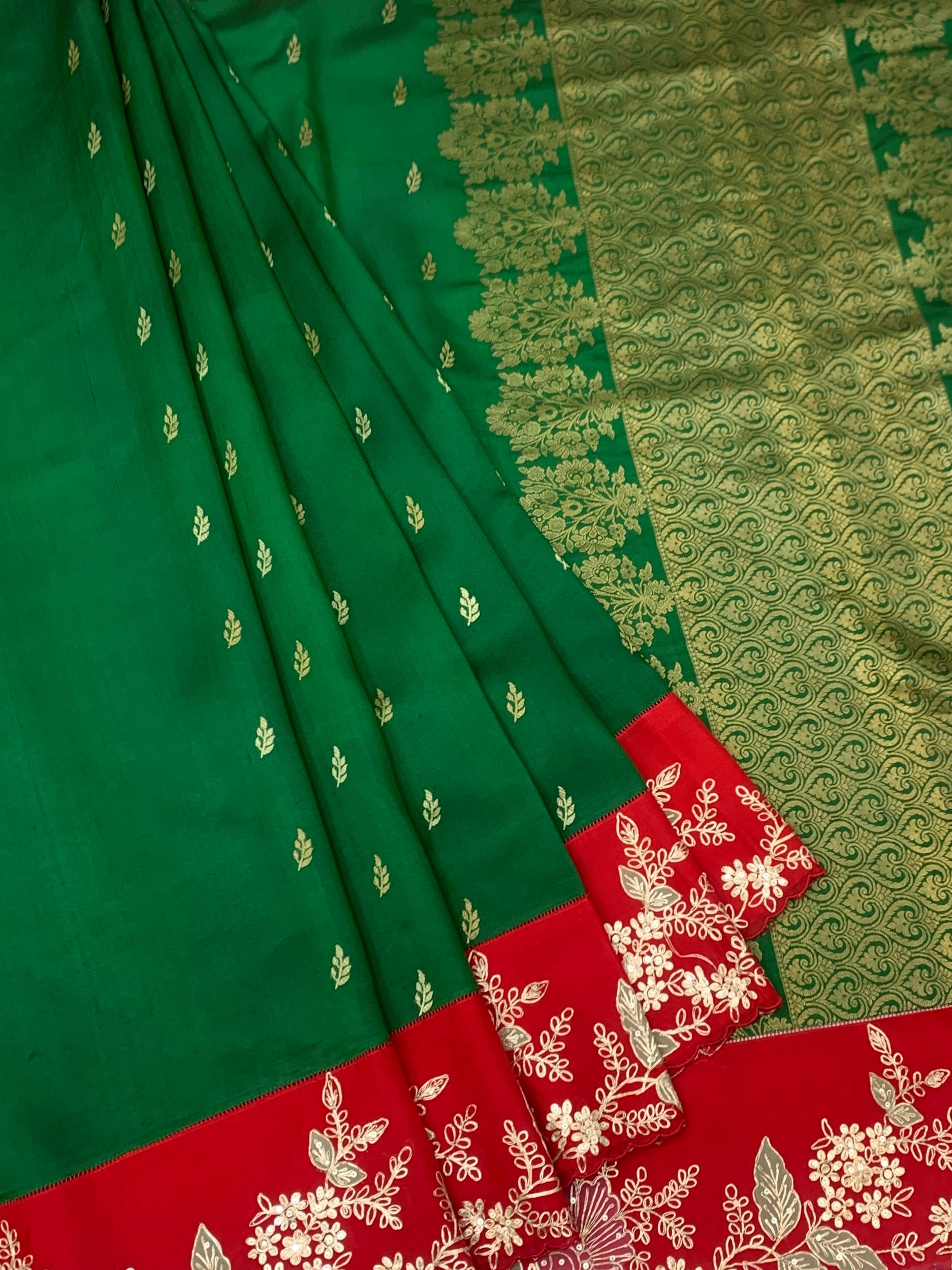 Emerald Green Fusion Chanderi Silk Saree with Contrast Aari Work Border