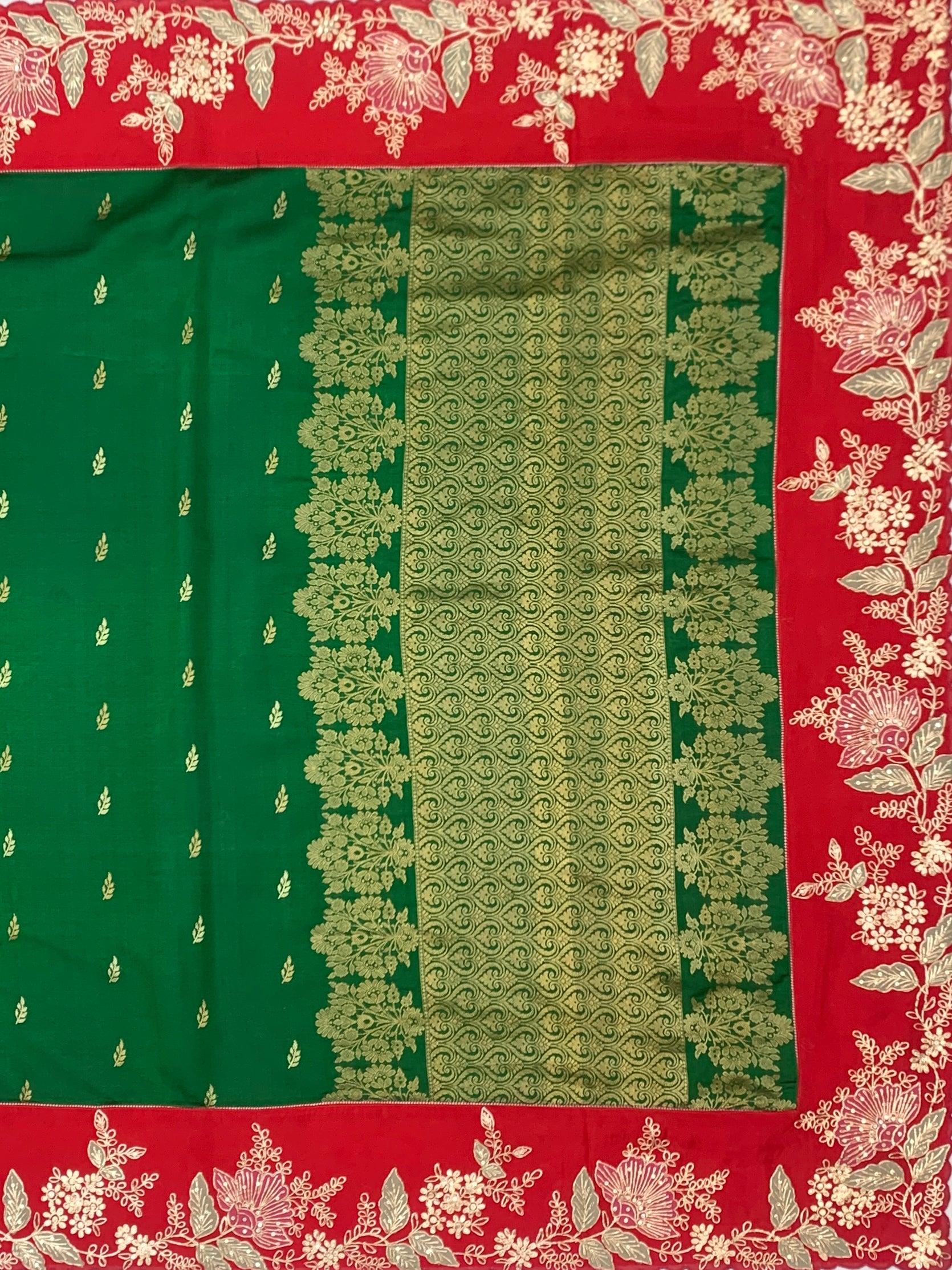 Emerald Green Fusion Chanderi Silk Saree with Contrast Aari Work Border