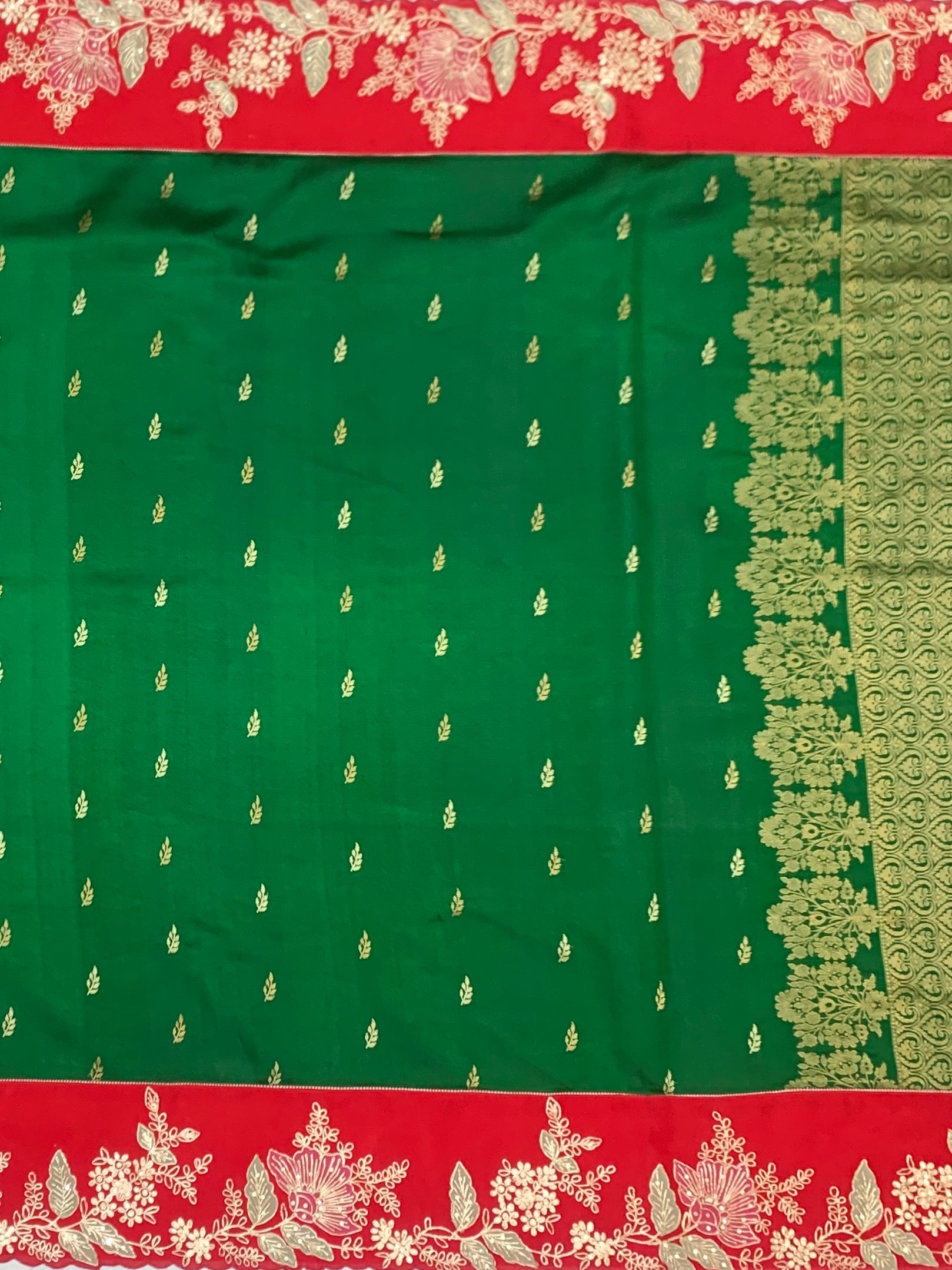 Emerald Green Fusion Chanderi Silk Saree with Contrast Aari Work Border