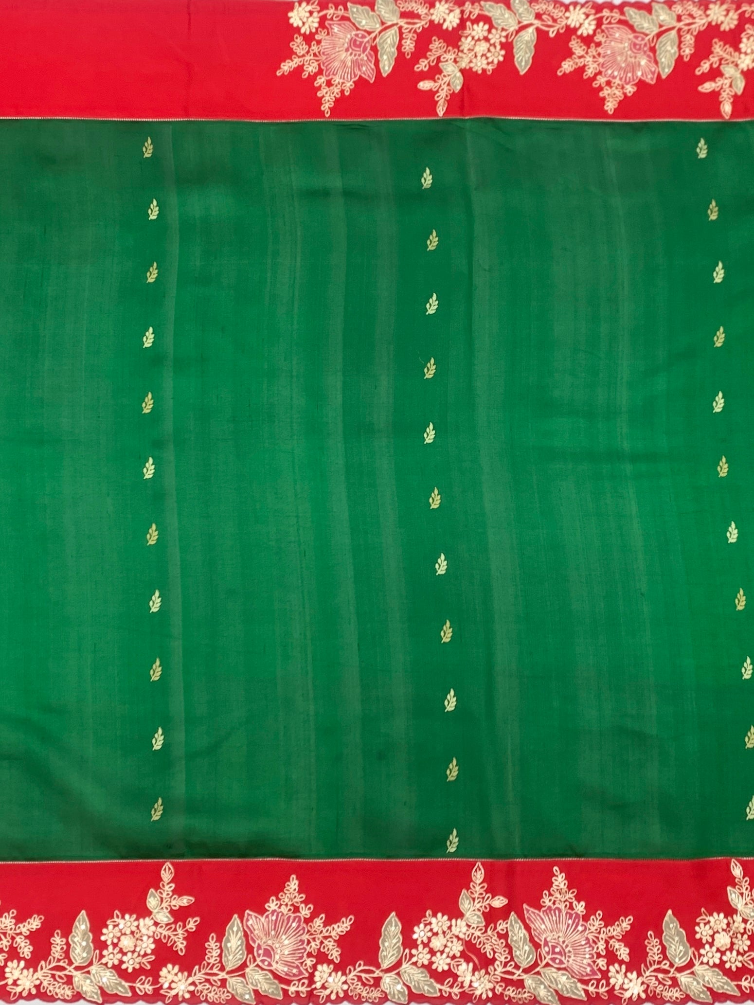 Emerald Green Fusion Chanderi Silk Saree with Contrast Aari Work Border