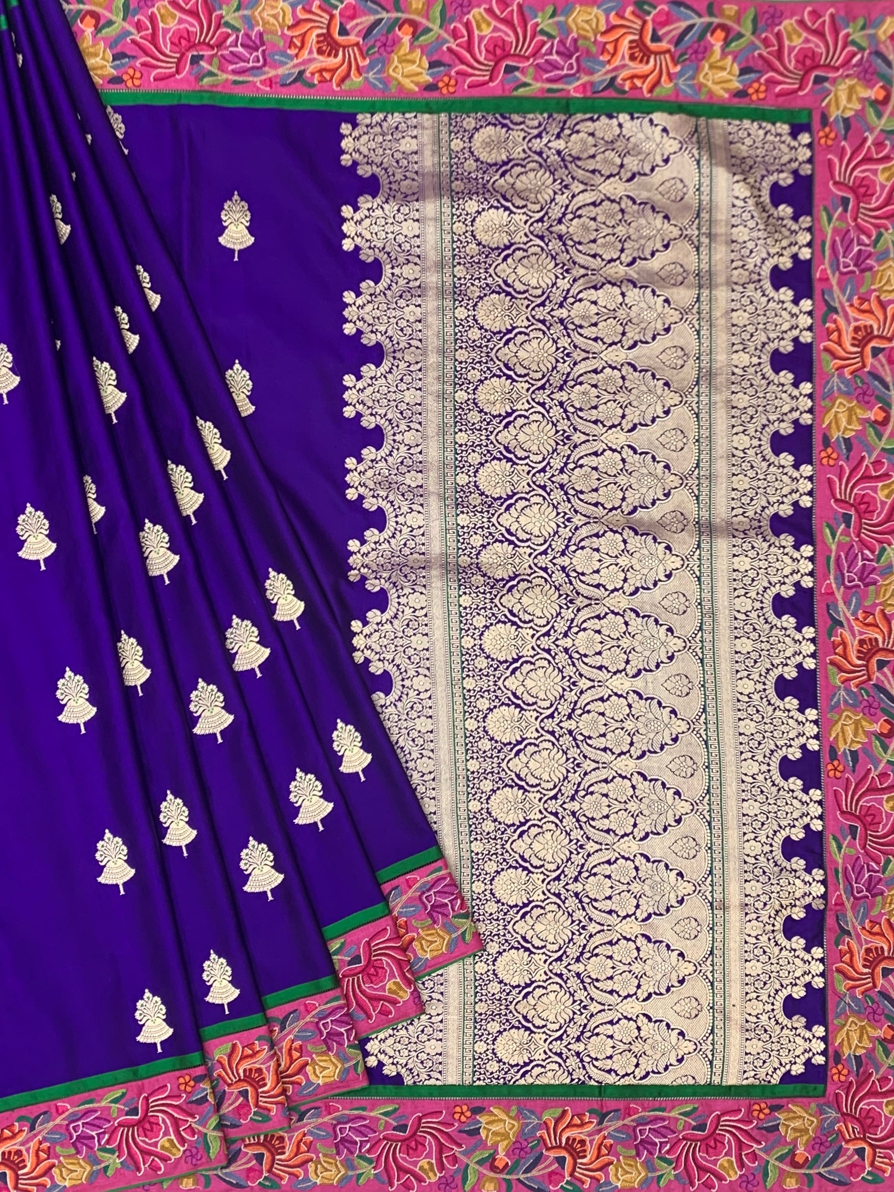 Royal Indigo Fusion Banarasi Mashru Silk Saree with Petite Point Embroidery