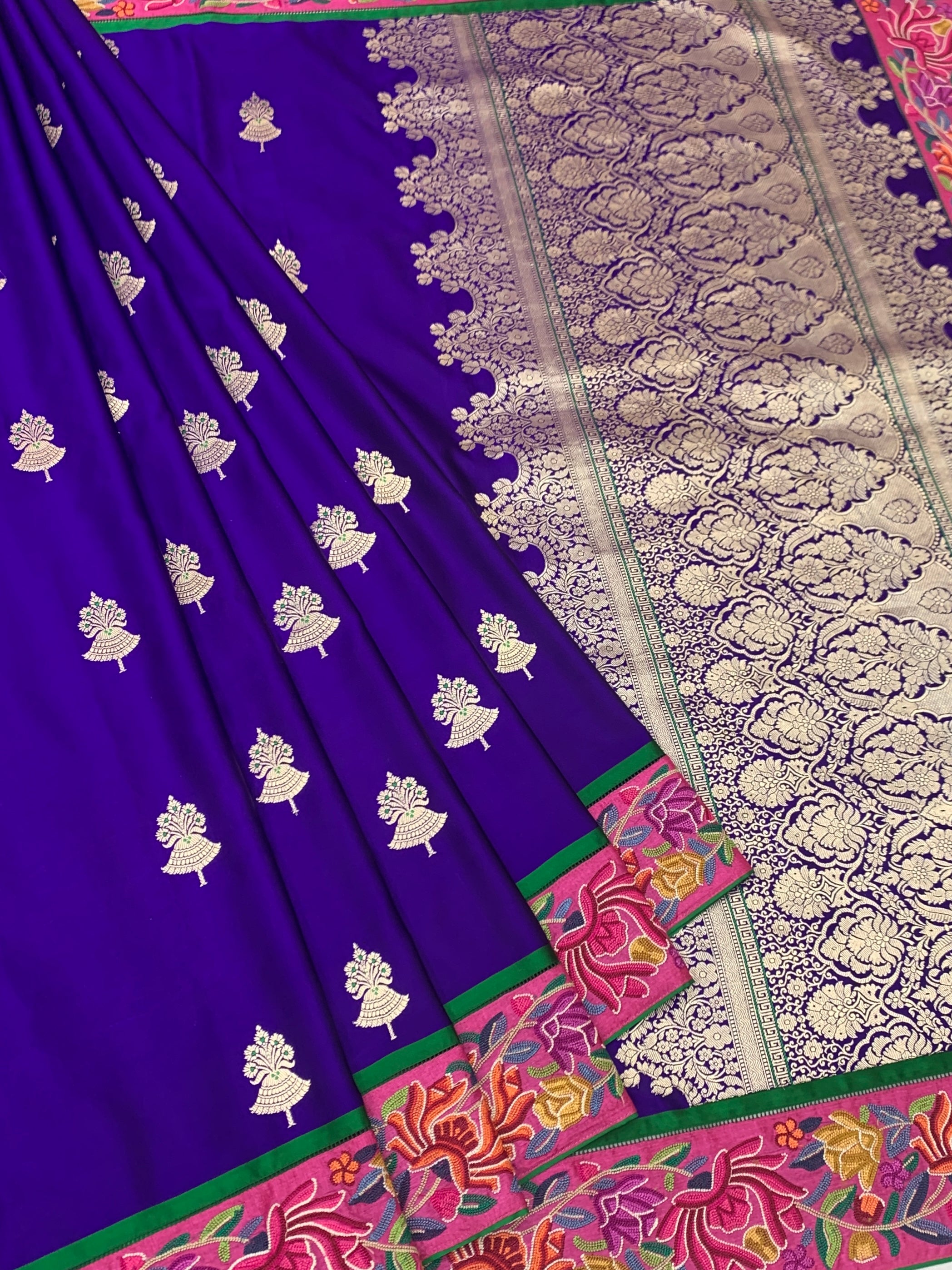 Royal Indigo Fusion Banarasi Mashru Silk Saree with Petite Point Embroidery