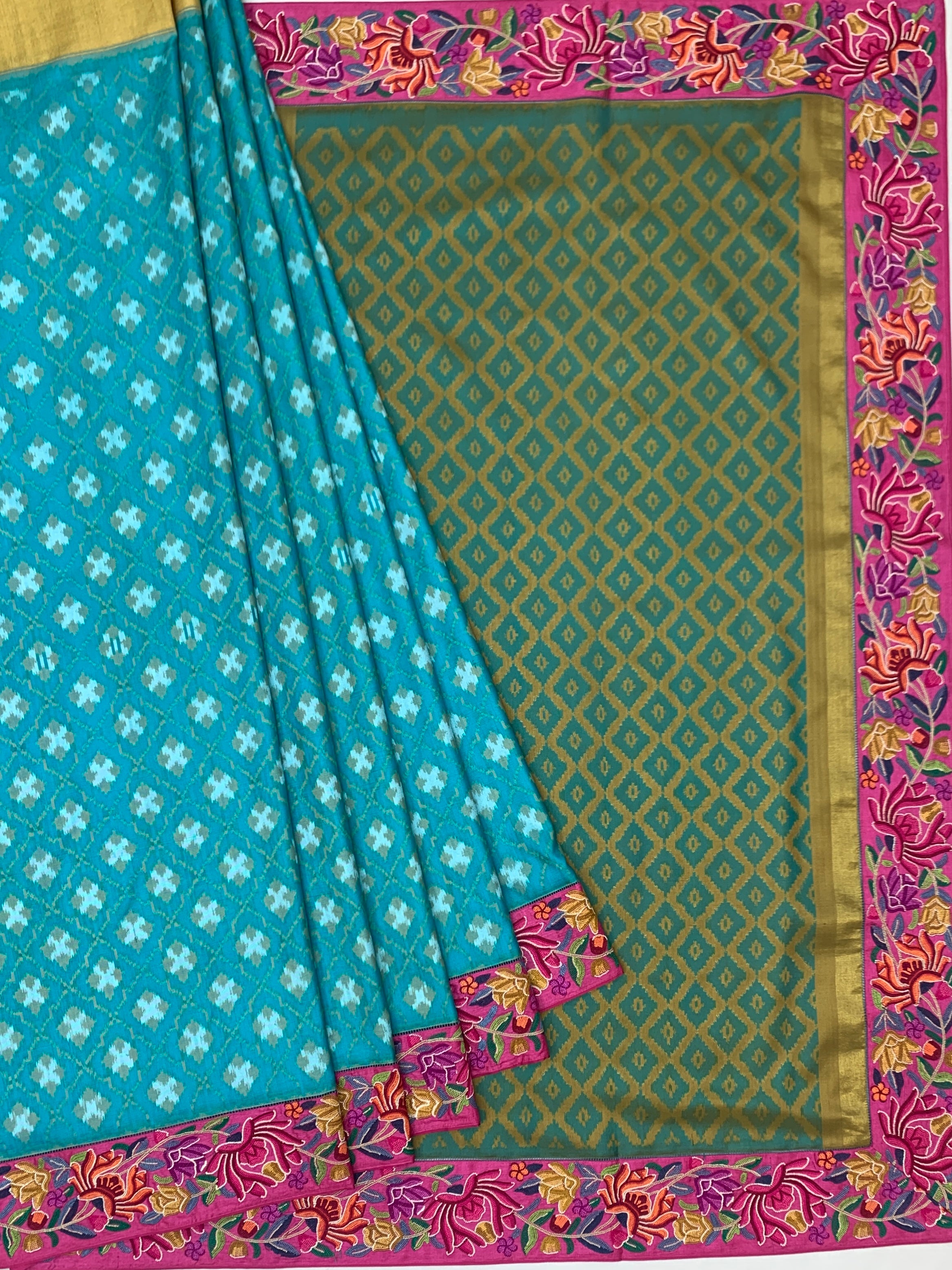 Turquoise Blue Fusion Patola Saree with Petite Point Embroidery