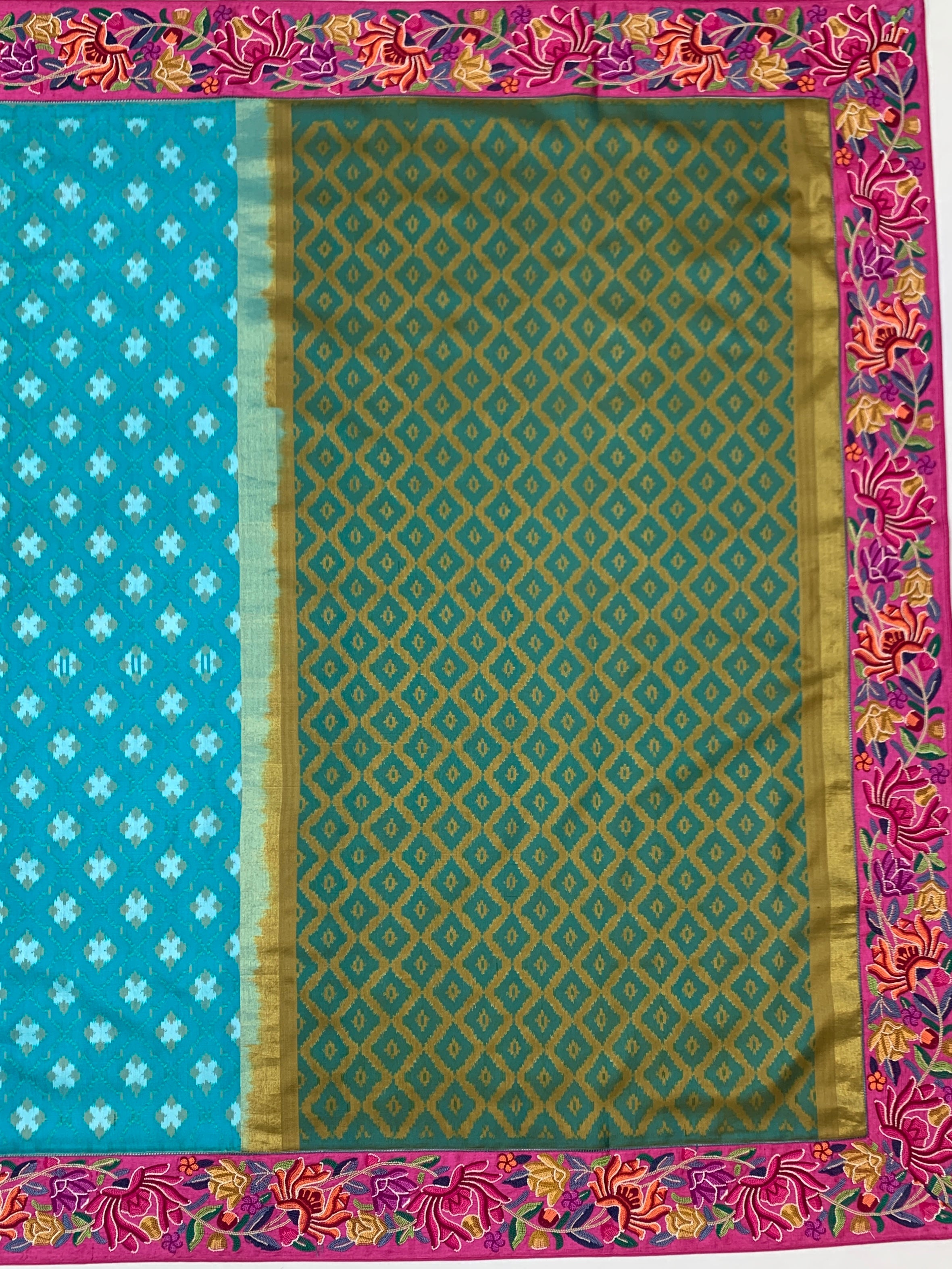 Turquoise Blue Fusion Patola Saree with Petite Point Embroidery