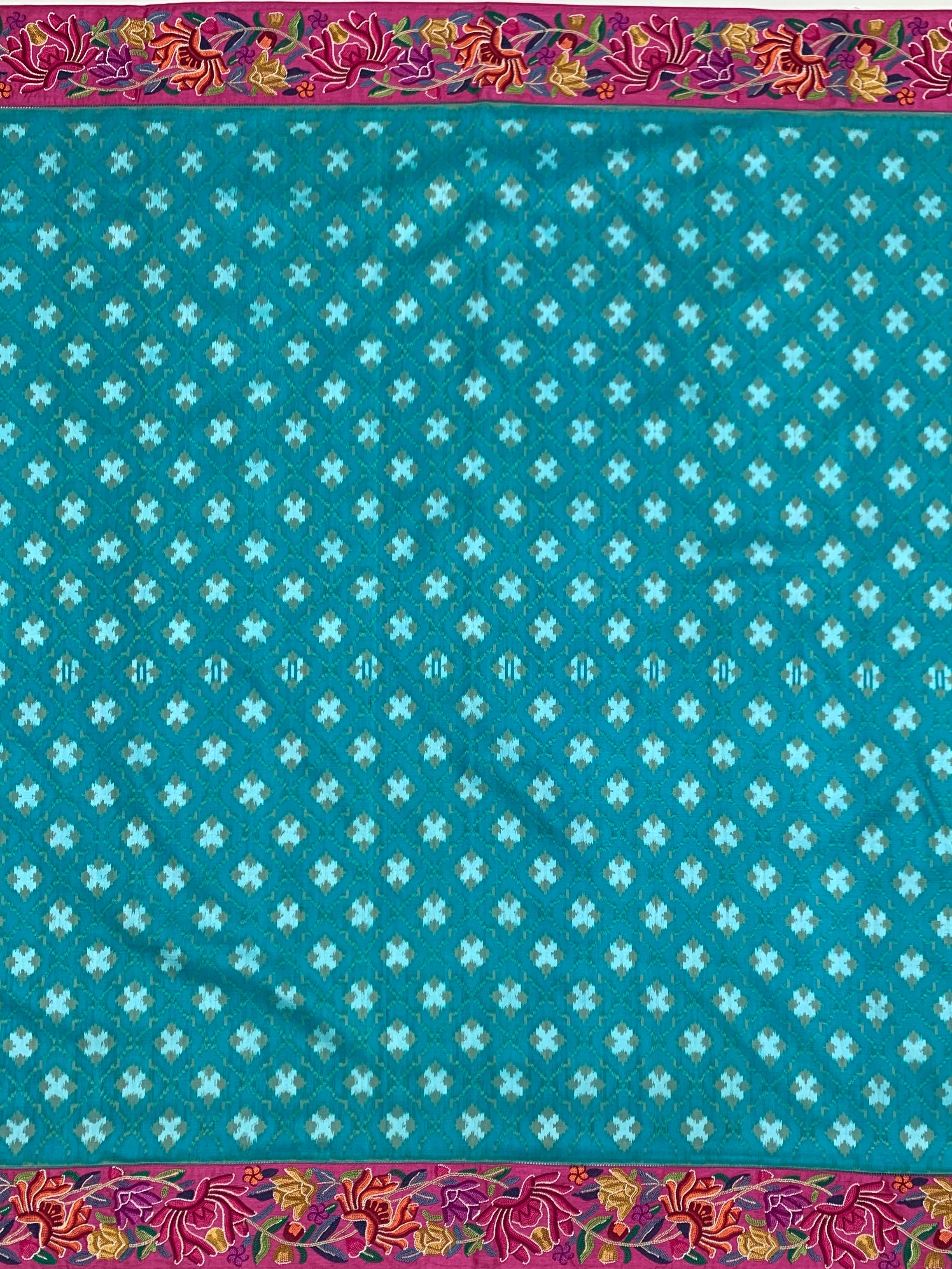 Turquoise Blue Fusion Patola Saree with Petite Point Embroidery
