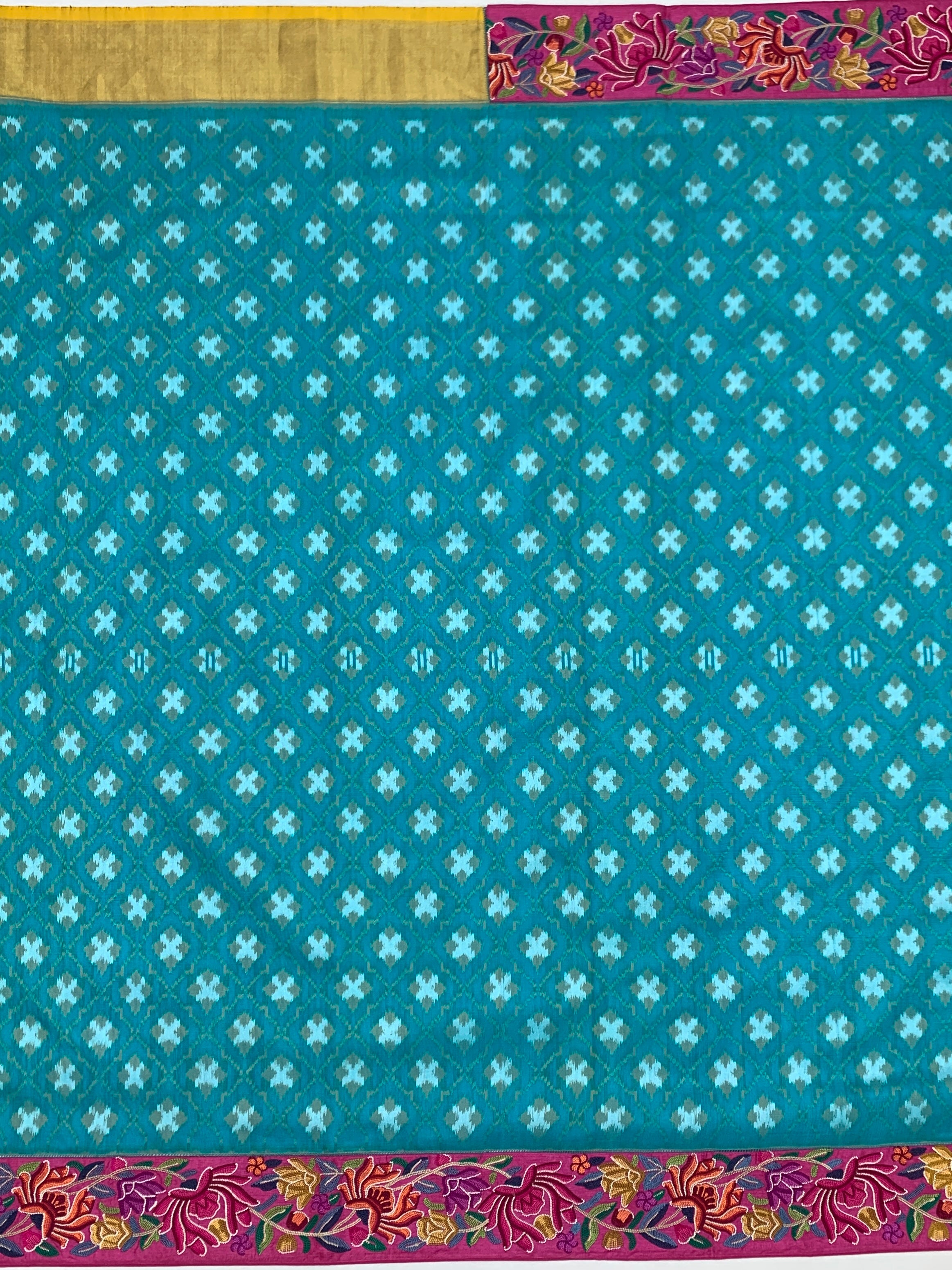 Turquoise Blue Fusion Patola Saree with Petite Point Embroidery