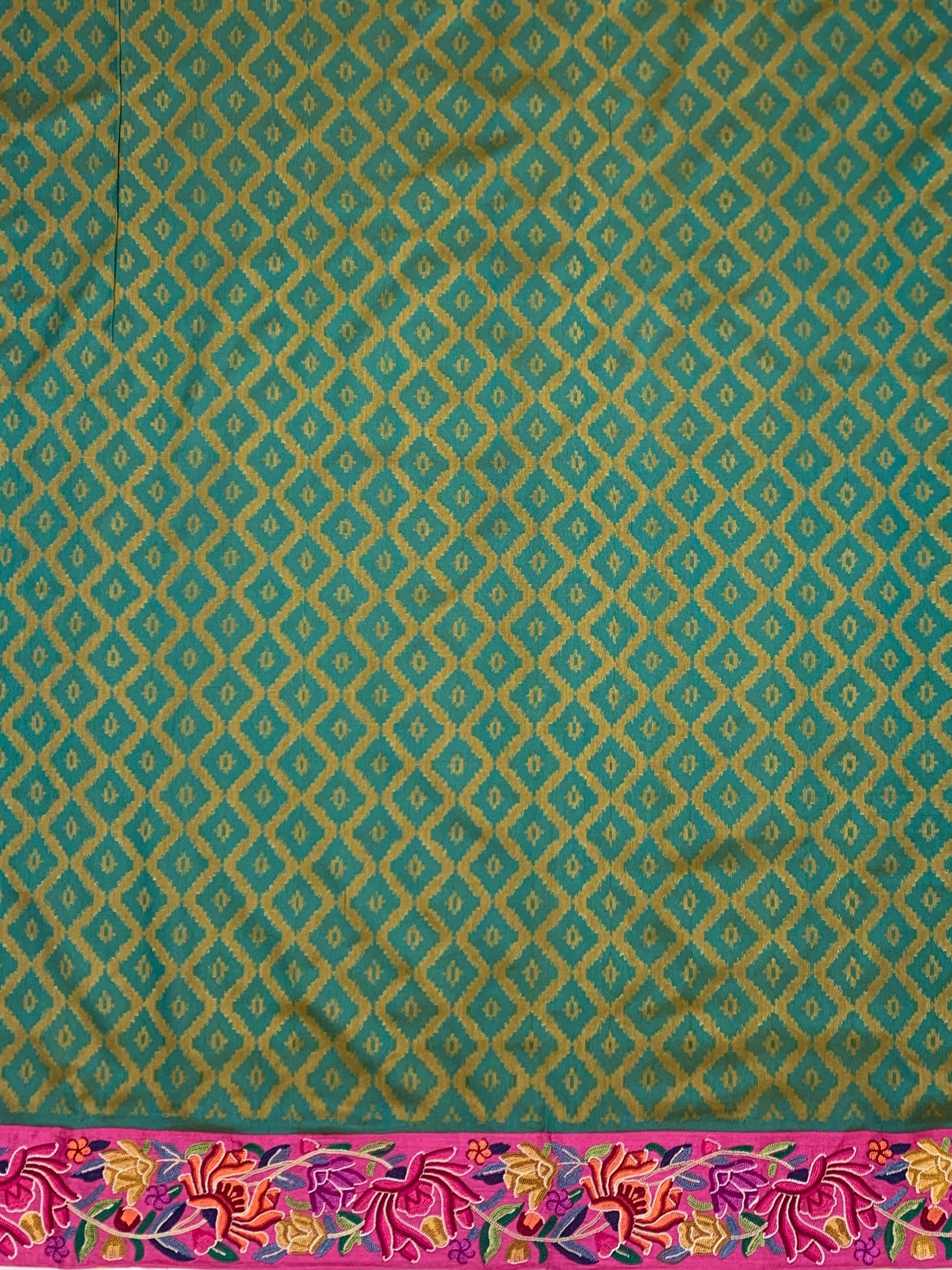 Turquoise Blue Fusion Patola Saree with Petite Point Embroidery