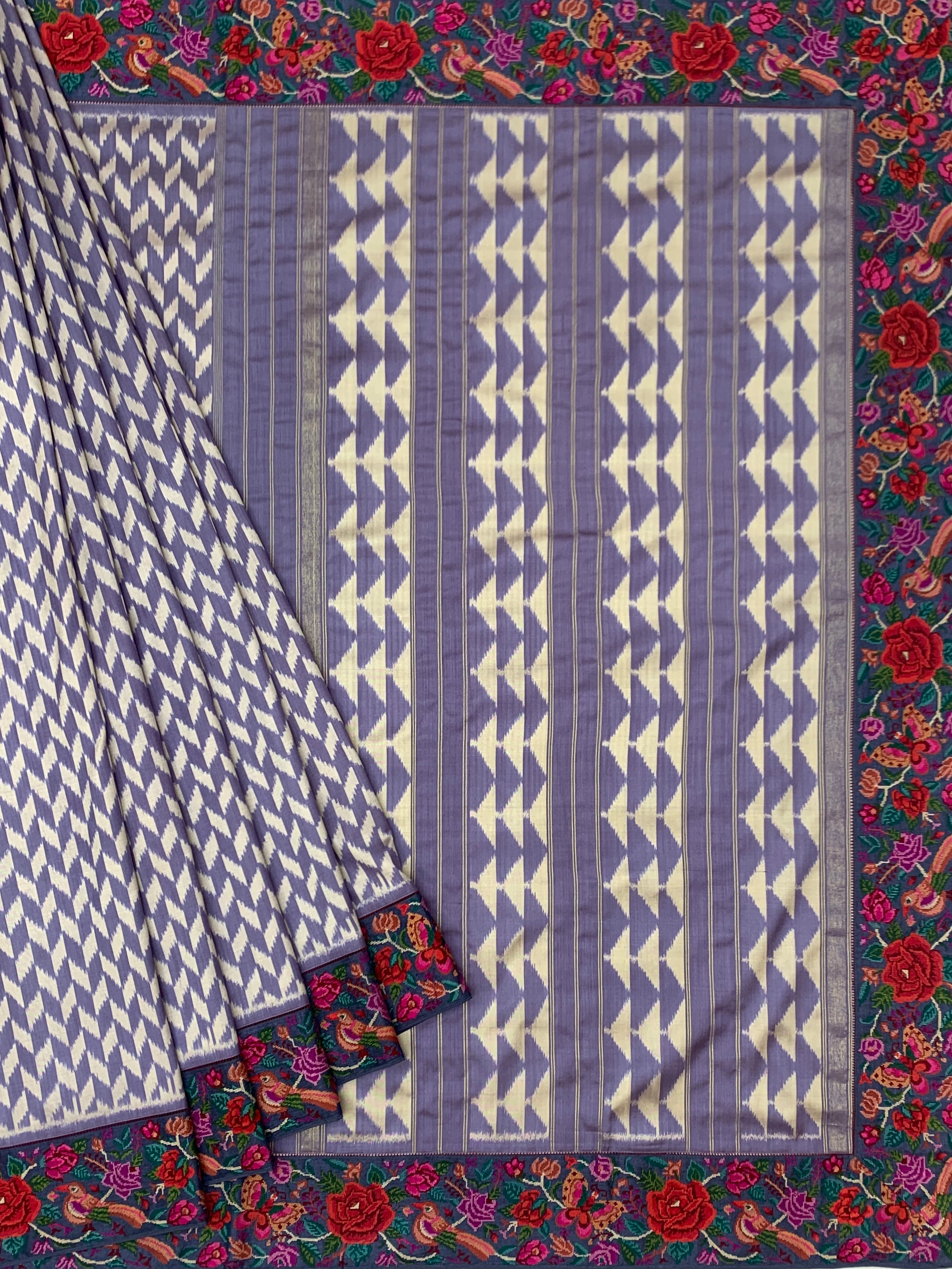 Lavender Fusion Ikat Saree with Petite Point Embroidered Border