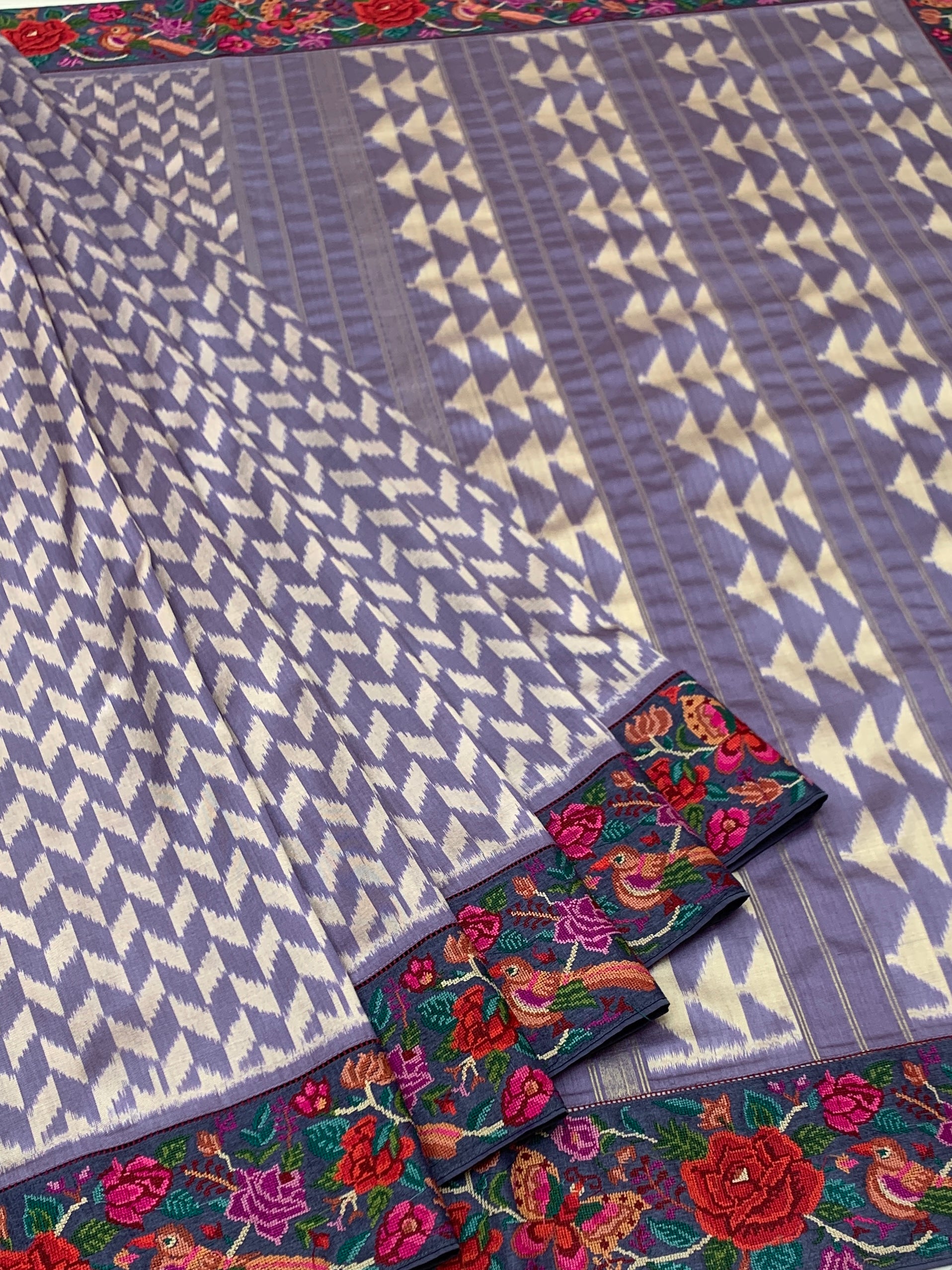 Lavender Fusion Ikat Saree with Petite Point Embroidered Border