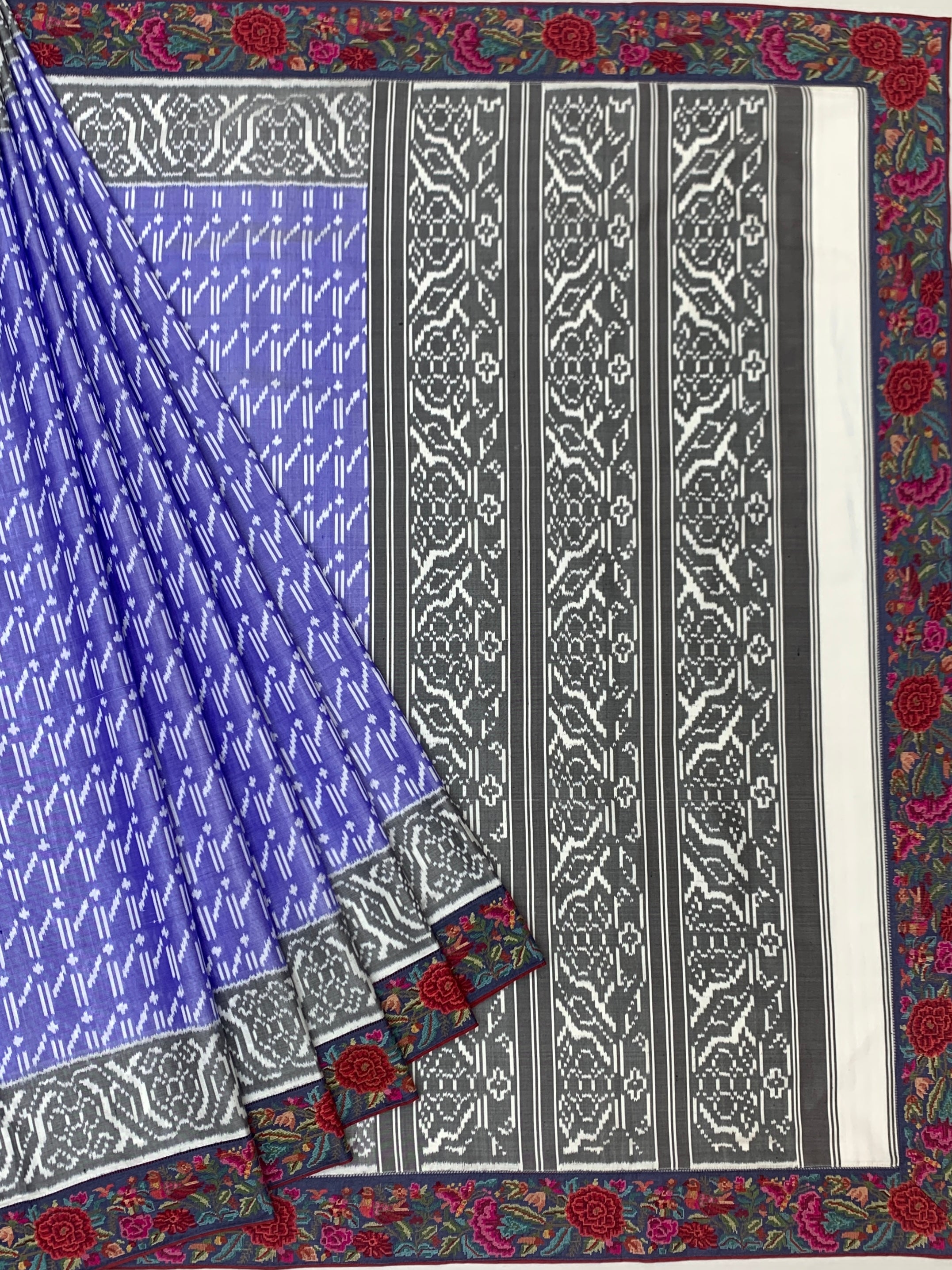 Periwinkle Blue Fusion Patola Silk Saree with Floral Petite Point Embroidery Border